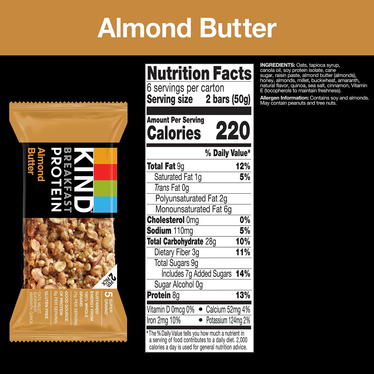 KIND Breakfast, Healthy Snack Bar, Almond Butter, Gluten Free Breakfast Bars, 8g Protein, 1.76 OZ Packs (6 Count)