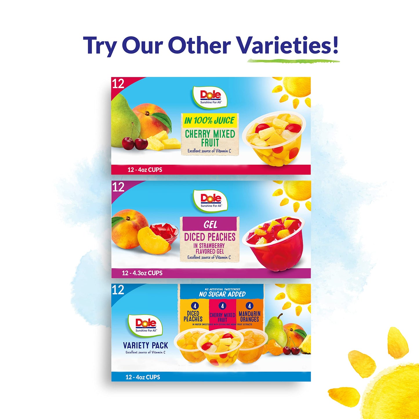 Dole Fruit Bowls No Sugar Added Variety Pack Snacks, Peaches, Mandarin Oranges & Cherry Mixed Fruit, 4oz 12 Cups, Gluten & Dairy Free, Bulk Lunch Snacks for Kids & Adults