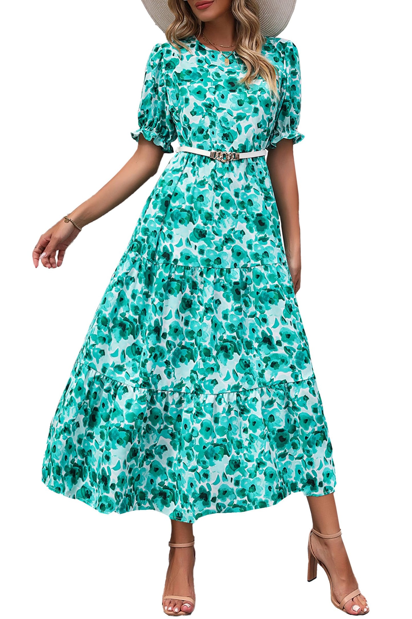 Pretty Garden Womens Summer Casual Boho Dress Floral Print Ruffle Puff Sleeve High Waist Midi