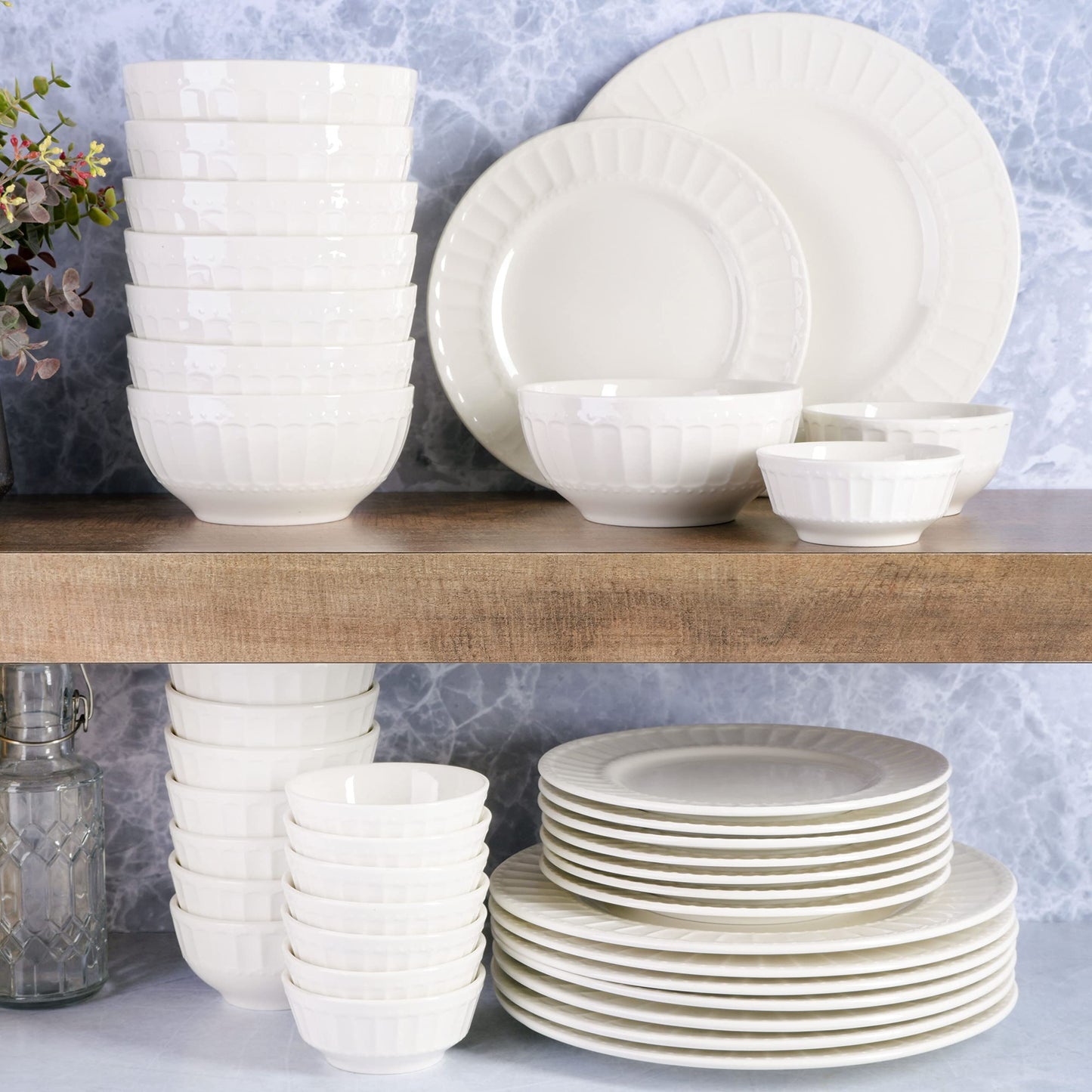 Gibson Home Zen Buffet Porcelain Dinnerware Set, Service for 8 (40pcs), White (Embossed)