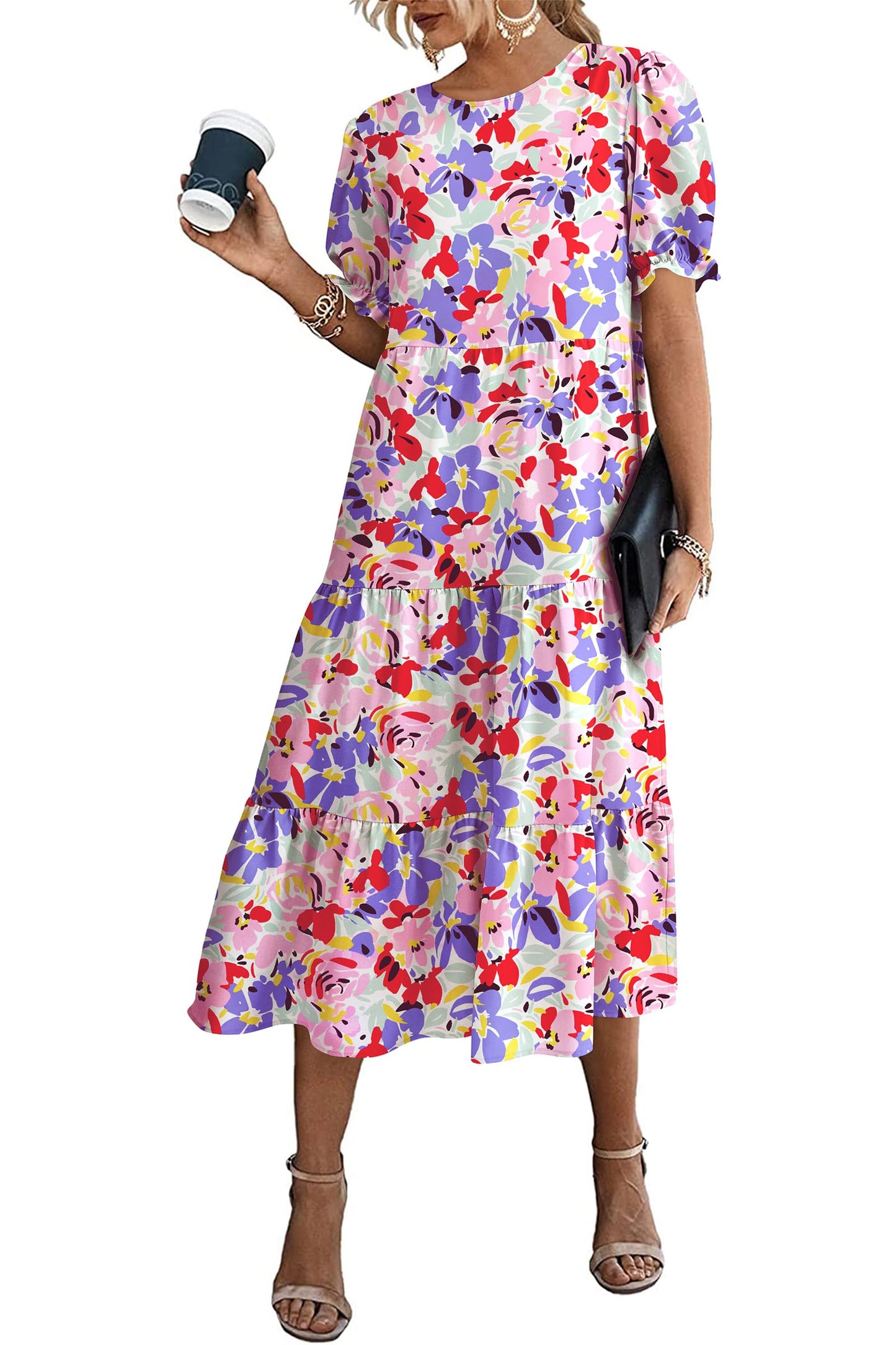 Pretty Garden Womens Summer Casual Boho Dress Floral Print Ruffle Puff Sleeve High Waist Midi