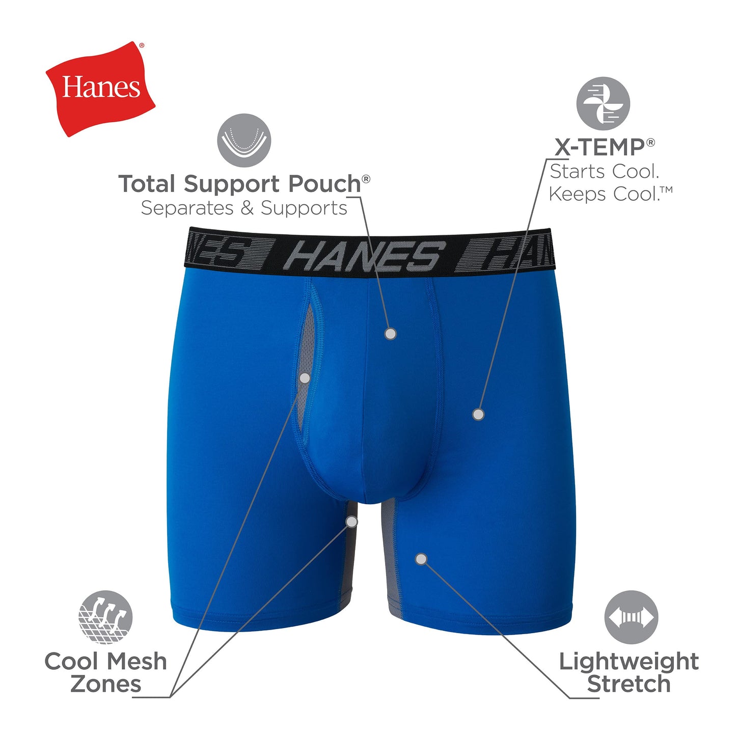 Hanes Men’s Total Support Pouch Boxer Briefs, X-Temp Cooling, Moisture-Wicking Underwear, Regular, Long-leg and Trunk, 3-Pack