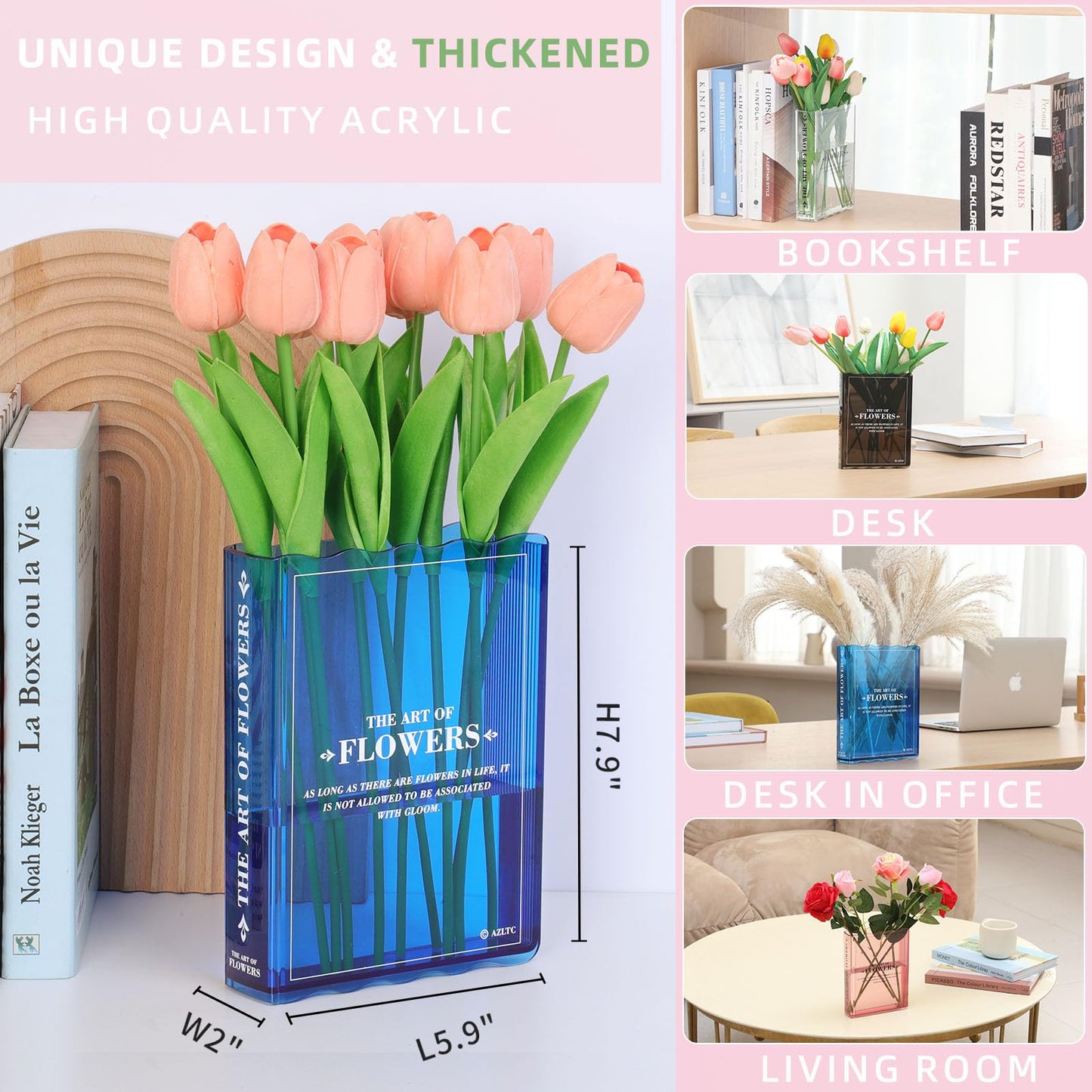 Book Vase for Flowers, Book Lovers Gifts, Aesthetic Room Decor Cute Flower Vase & Must-Have for Home, Bookshelf, Bedroom & Office Decor for Women & Teacher Gift - Like Mothers Day (Clear)