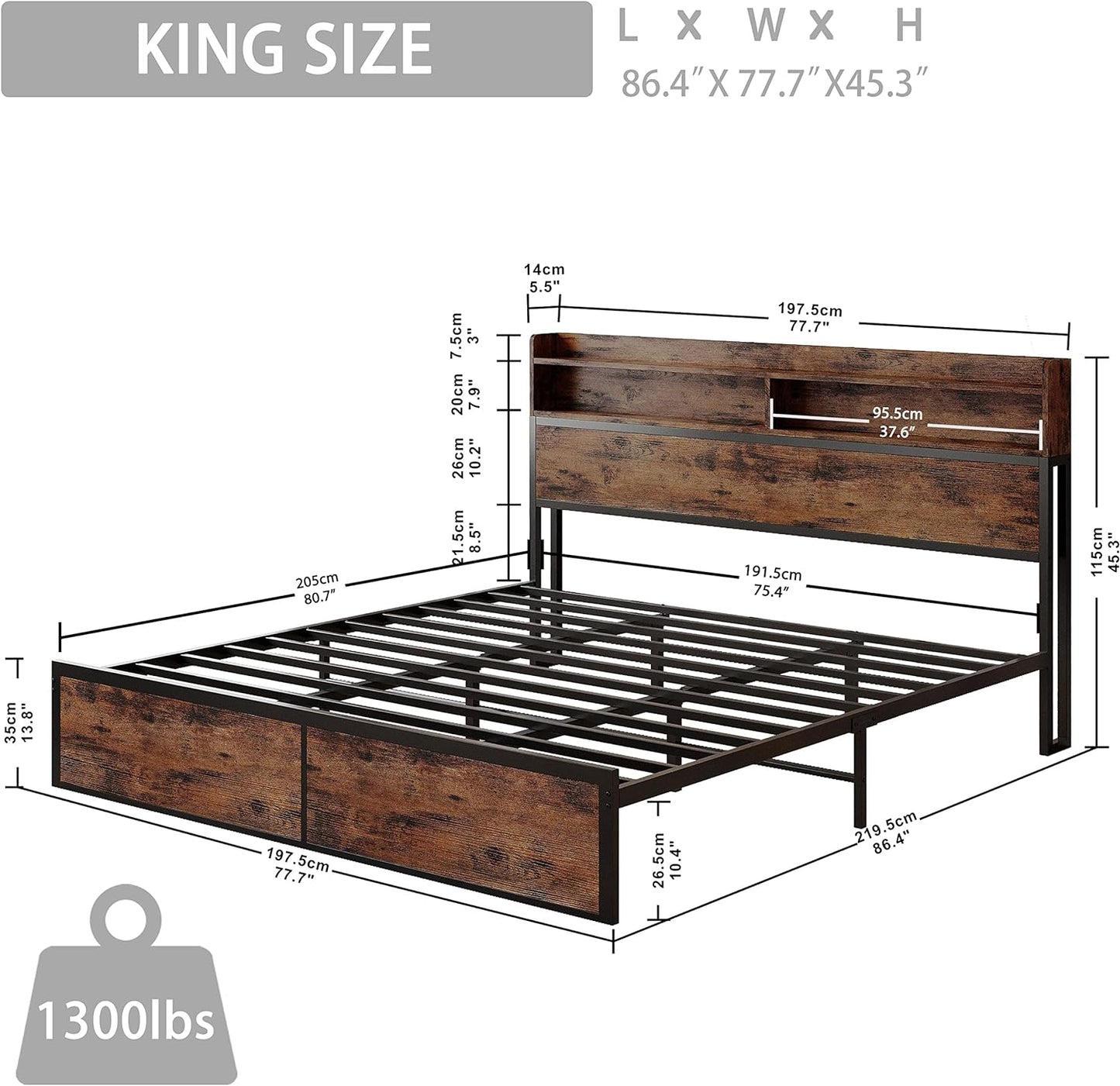 IRONCK Queen Bed Frame with Bookcase Headboard and Charging Station, Metal Platform Bed, Sturdy and No Noise, No Box Spring Needed, Vintage Brown