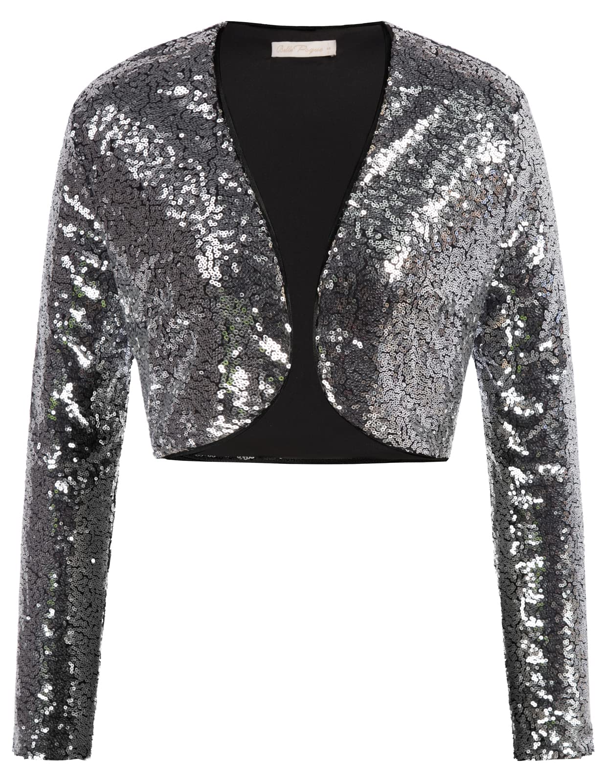 Belle Poque Women's Sequin Jacket Long Sleeve Open Front Glitter Cropped Blazer Bolero Shrug S-XXL