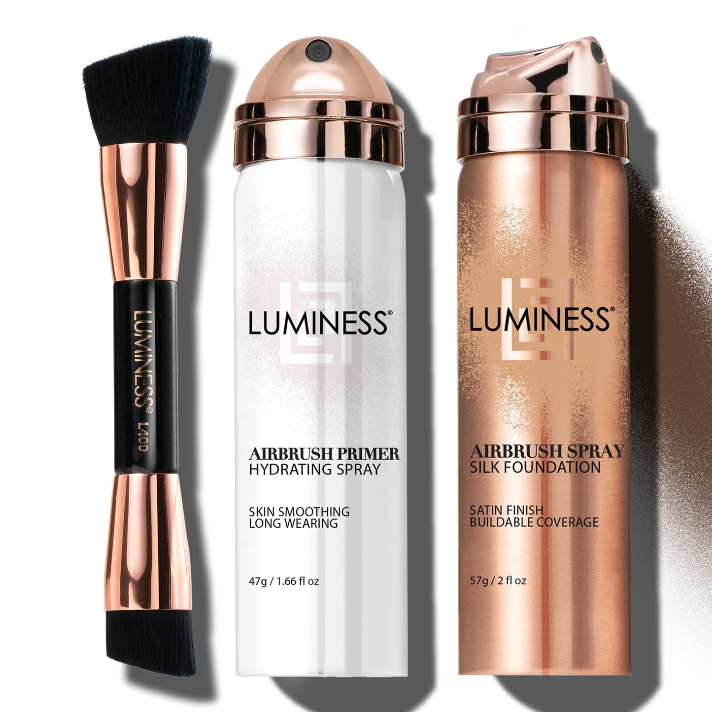 LUMINESS Airbrush Spray Silk Foundation Starter Kit - Medium Dark - Foundation, Primer & Dual-Sided Angled Buffing Brush - Medium, Buildable Coverage, Anti-Aging Formula Hydrates & Moisturizes