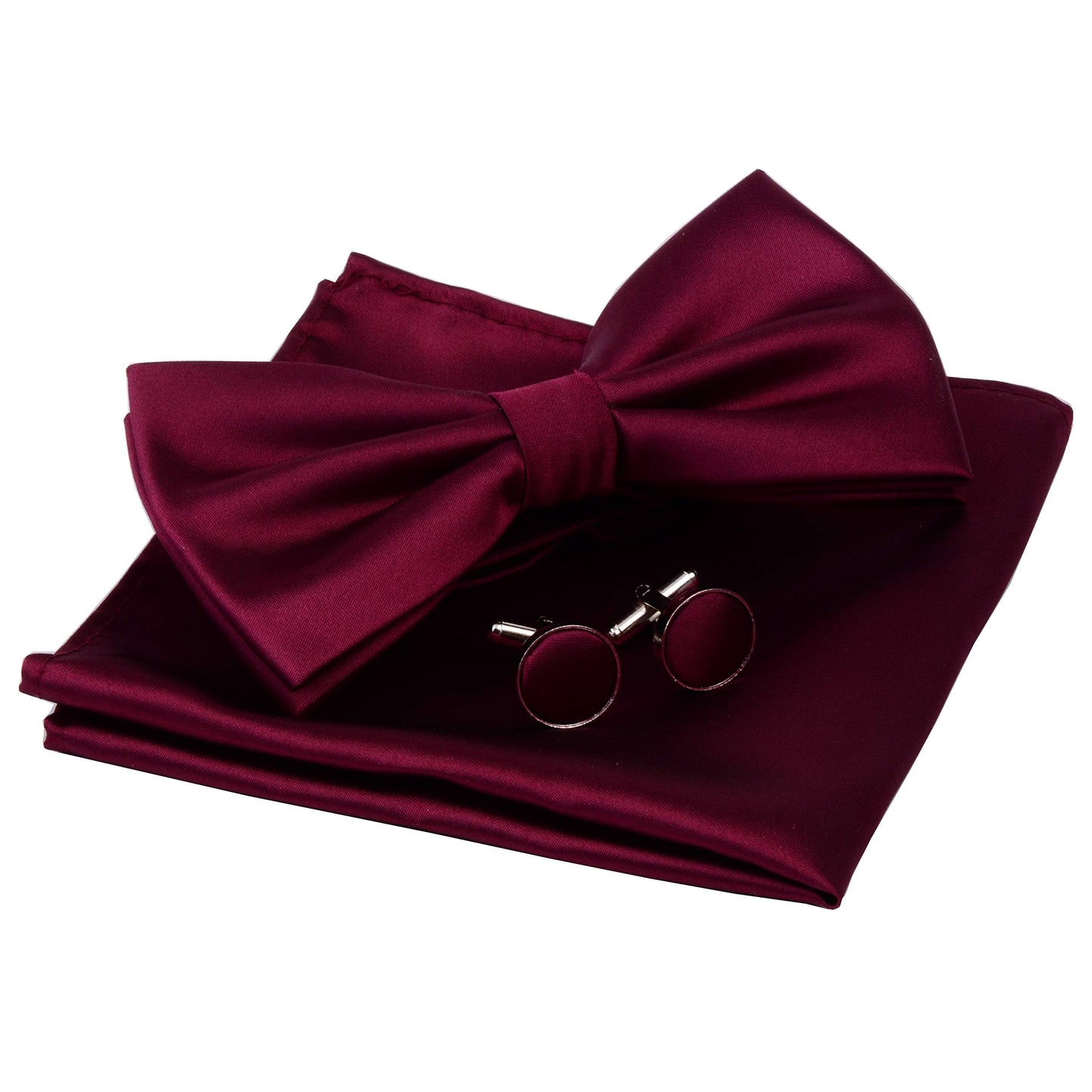 GUSLESON Mens Solid Color Double Fold Pre-tied Bow Tie and Pocket Square Cufflink Set with Gift Box