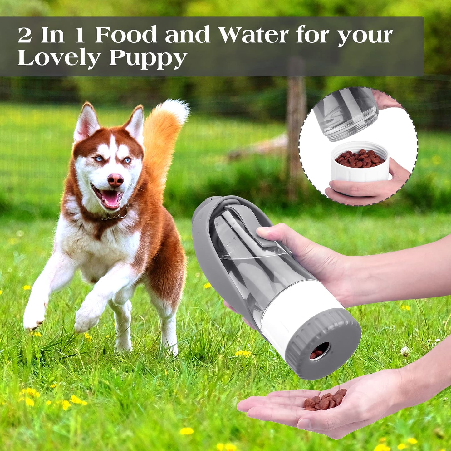 Upgraded Dog Water Bottle, Portable Dog Cat Puppy Pet Water Dispenser Feeder with Drinking Cup and Food Container Leak Proof for Outdoor Walking, Travel, Hiking 12OZ