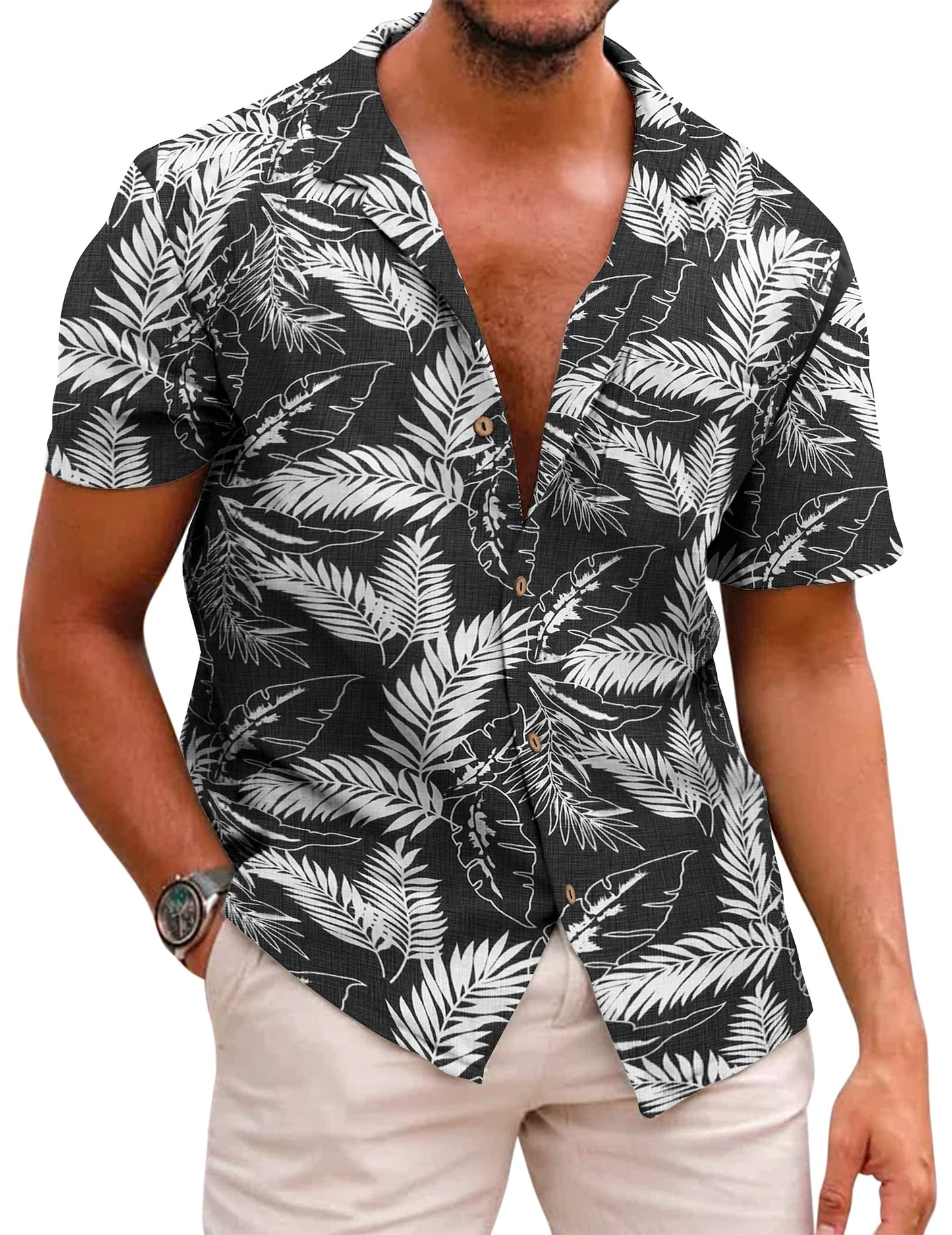 COOFANDY Men's Hawaiian Floral Shirts Cotton Linen Button Down Tropical Holiday Beach Shirts