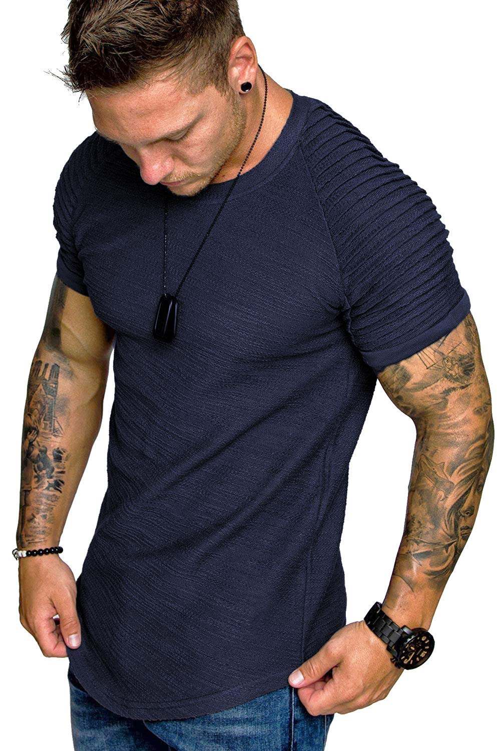 COOFANDY Men's Muscle T-Shirt Pleated Raglan Sleeve Bodybuilding Gym Tee Short Sleeve Fashion Workout Shirts Hipster Shirt