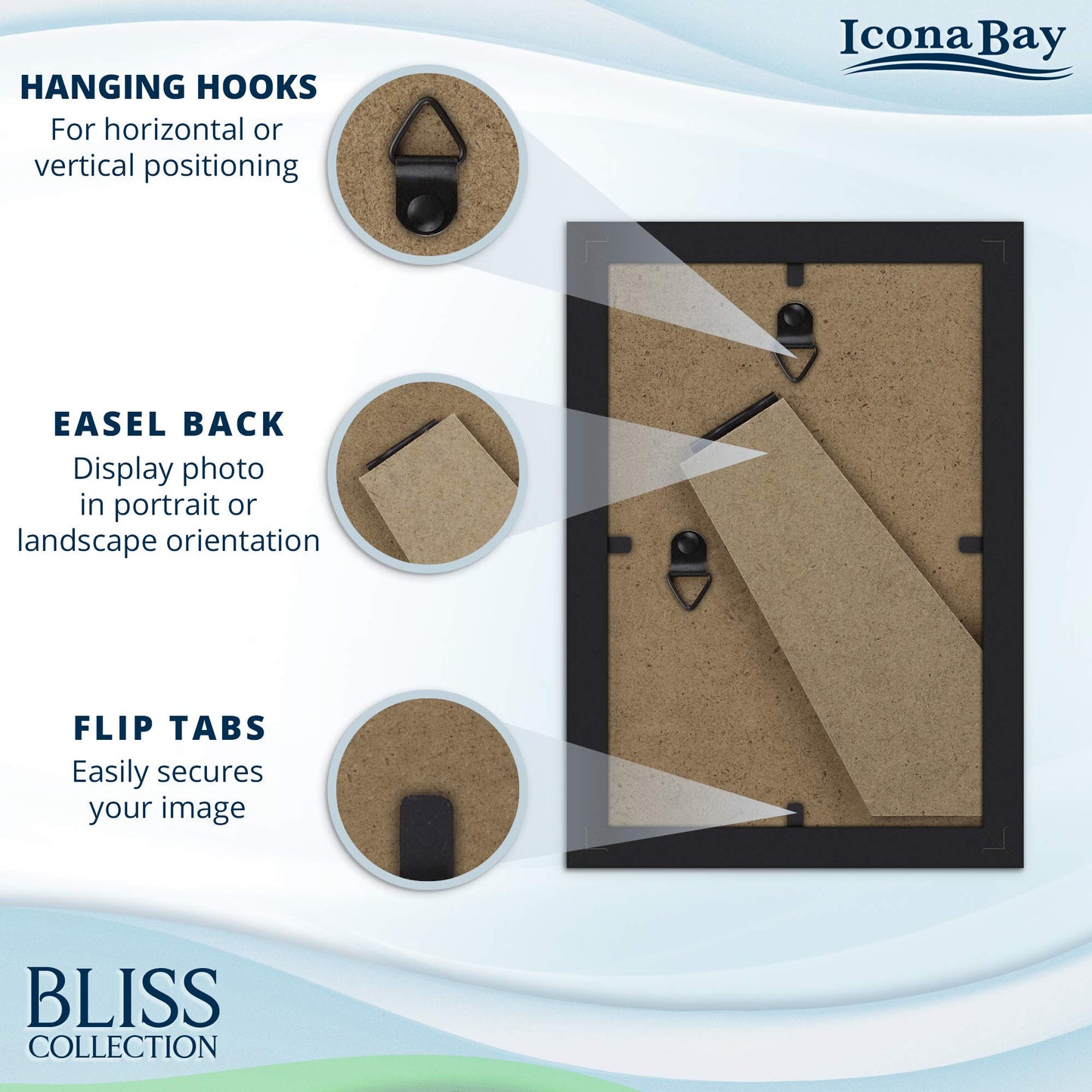 Icona Bay 5x7 Black Picture Frame, Modern Style Wood Composite Frame, Table Top or Wall Mount, Bliss Collection