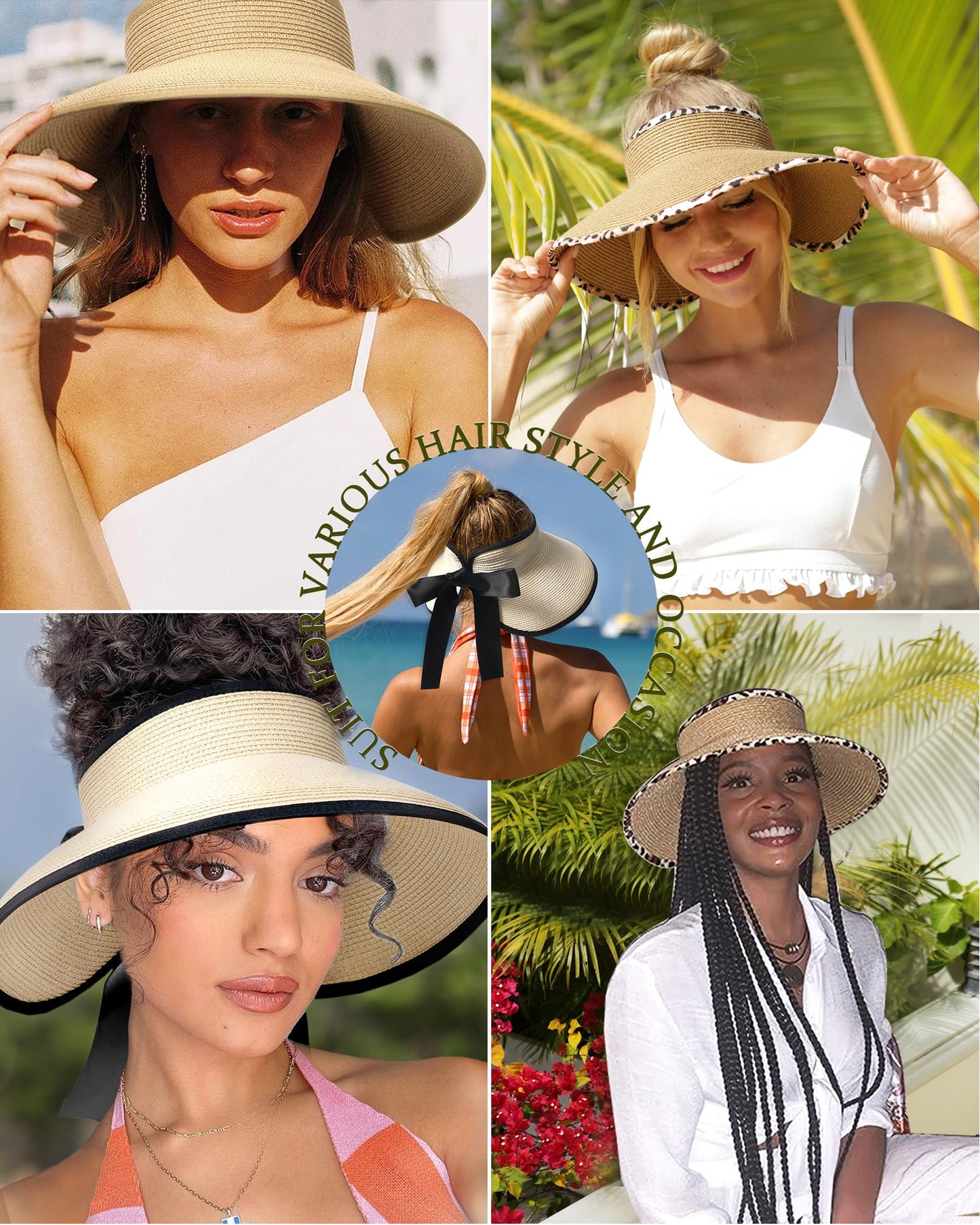 Camptrace UPF 50+ Sun Visors for Women Wide Brim Beach Hat Foldable Straw Visor Hat Ponytail Summer Packable