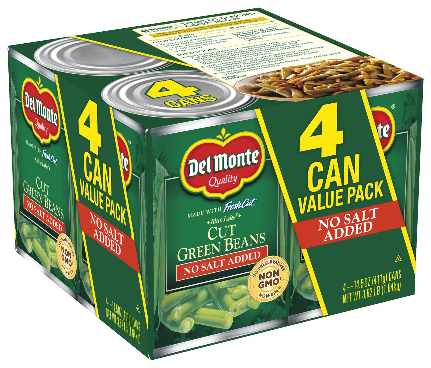 Del Monte Cut Blue Lake Green Beans With No Added Salt 14.5 Oz,(Pack of 4)