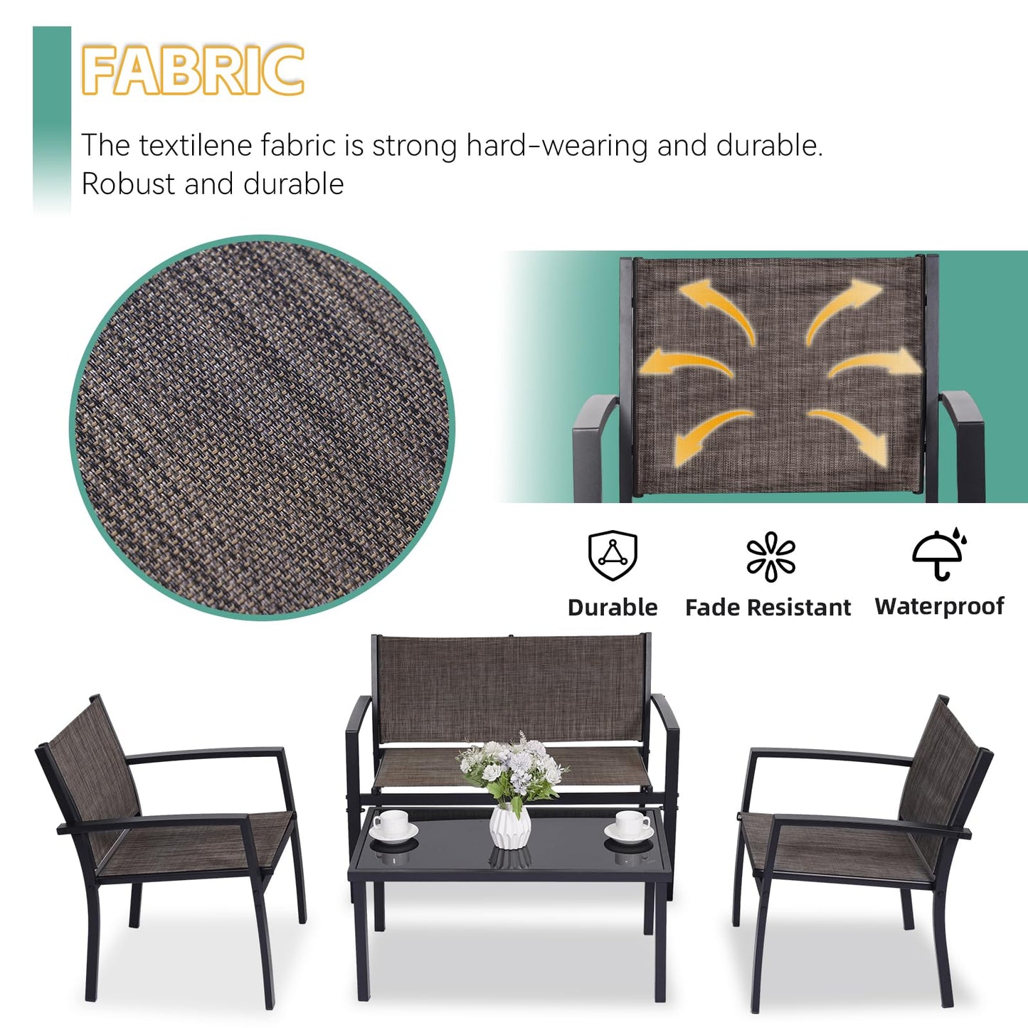 PAIQIAN 4 Pieces Patio Furniture Set Outdoor Garden Patio Conversation Sets Poolside Lawn Chairs with Tempered Glass Coffee Table Loveseat Porch Furniture Textilene Fabric Grey