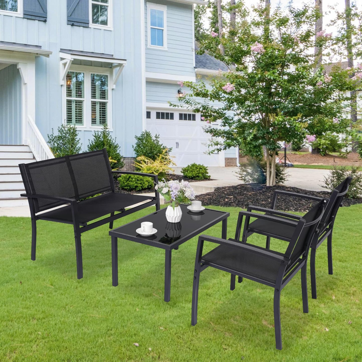 PAIQIAN 4 Pieces Patio Furniture Set Outdoor Garden Patio Conversation Sets Poolside Lawn Chairs with Tempered Glass Coffee Table Loveseat Porch Furniture Textilene Fabric Grey