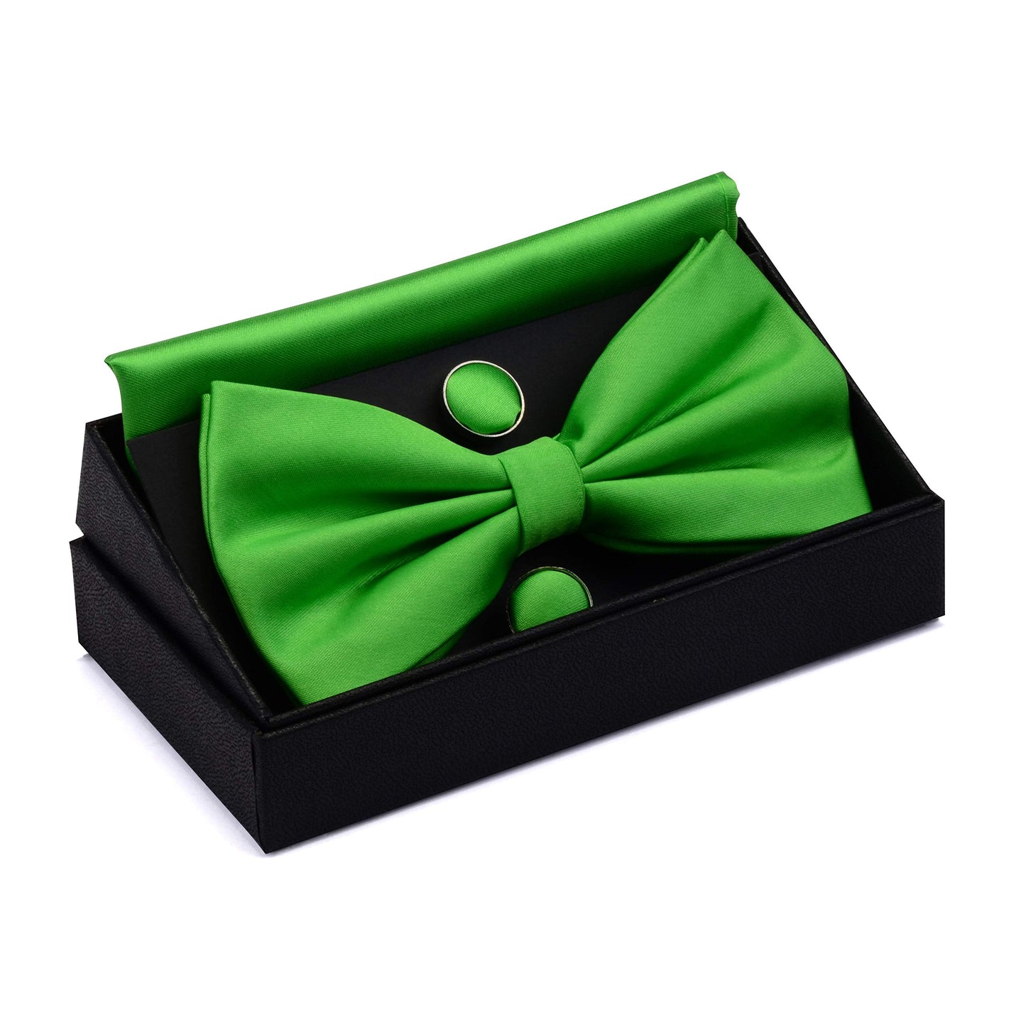 GUSLESON Mens Solid Color Double Fold Pre-tied Bow Tie and Pocket Square Cufflink Set with Gift Box