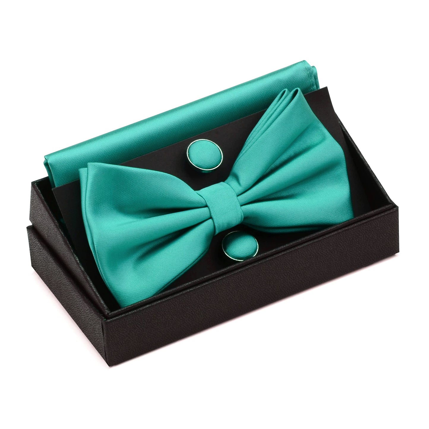 GUSLESON Mens Solid Color Double Fold Pre-tied Bow Tie and Pocket Square Cufflink Set with Gift Box