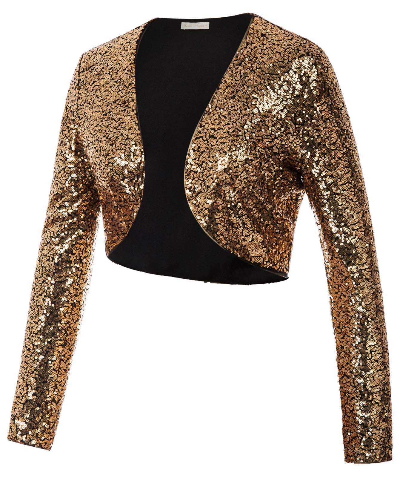 Belle Poque Women's Sequin Jacket Long Sleeve Open Front Glitter Cropped Blazer Bolero Shrug S-XXL