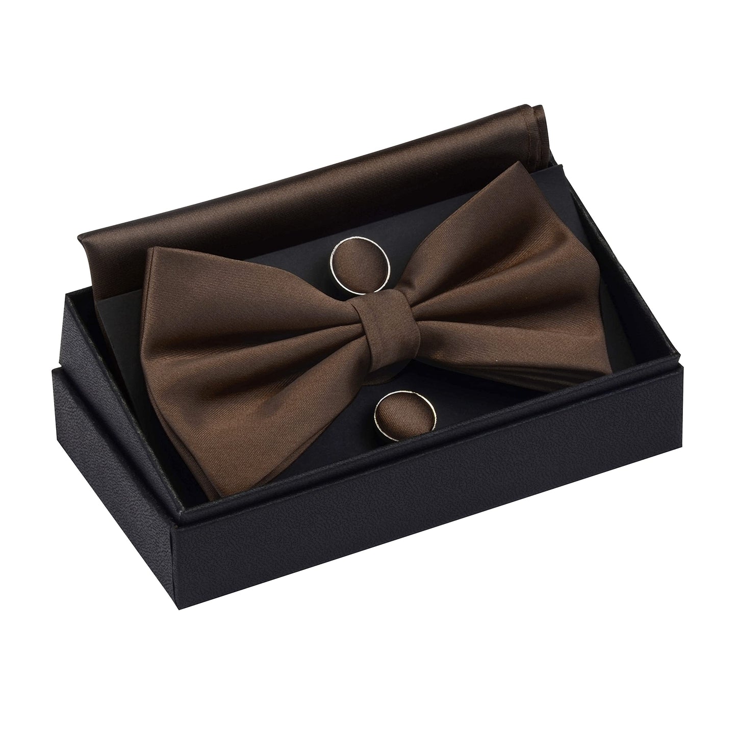 GUSLESON Mens Solid Color Double Fold Pre-tied Bow Tie and Pocket Square Cufflink Set with Gift Box