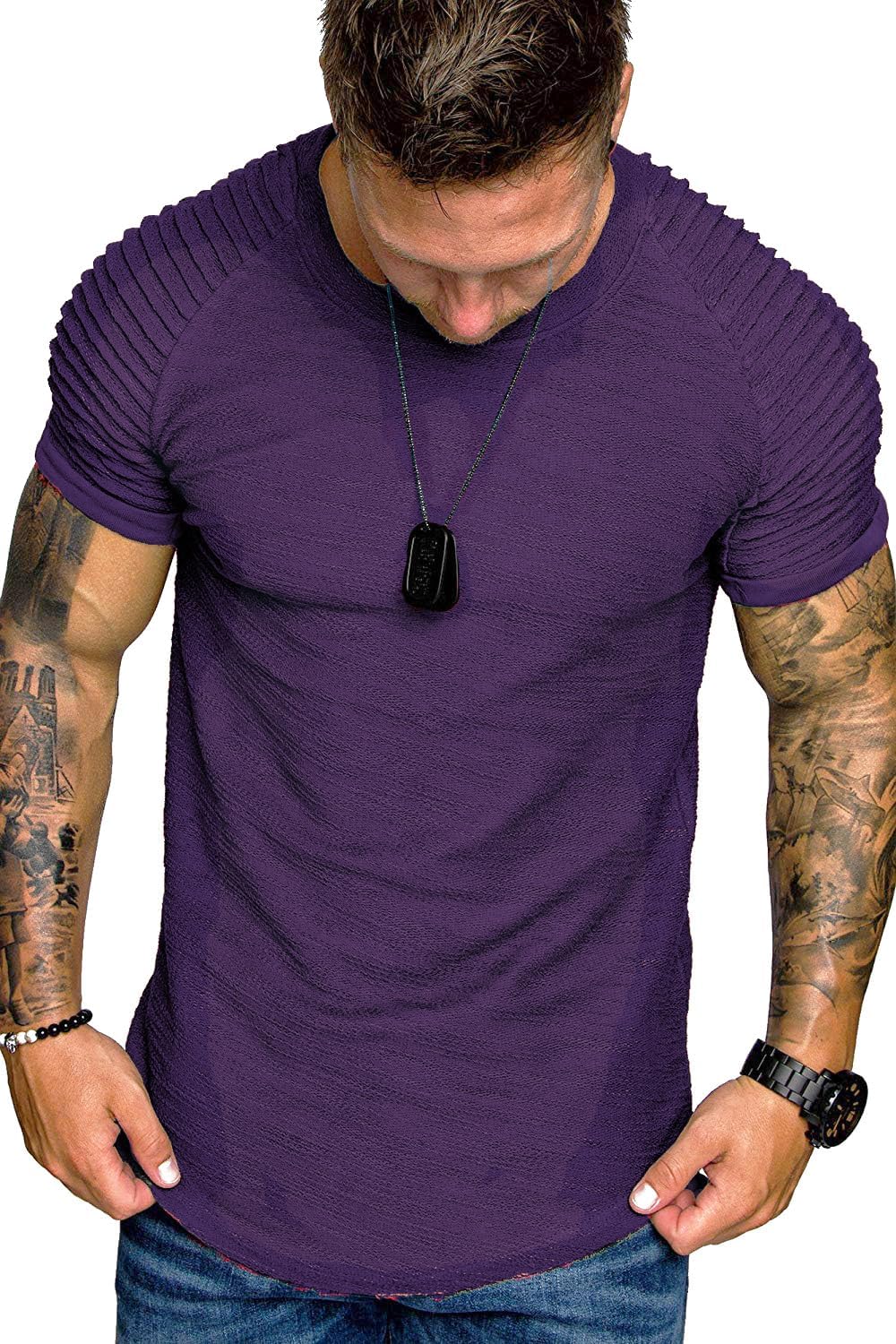 COOFANDY Men's Muscle T-Shirt Pleated Raglan Sleeve Bodybuilding Gym Tee Short Sleeve Fashion Workout Shirts Hipster Shirt