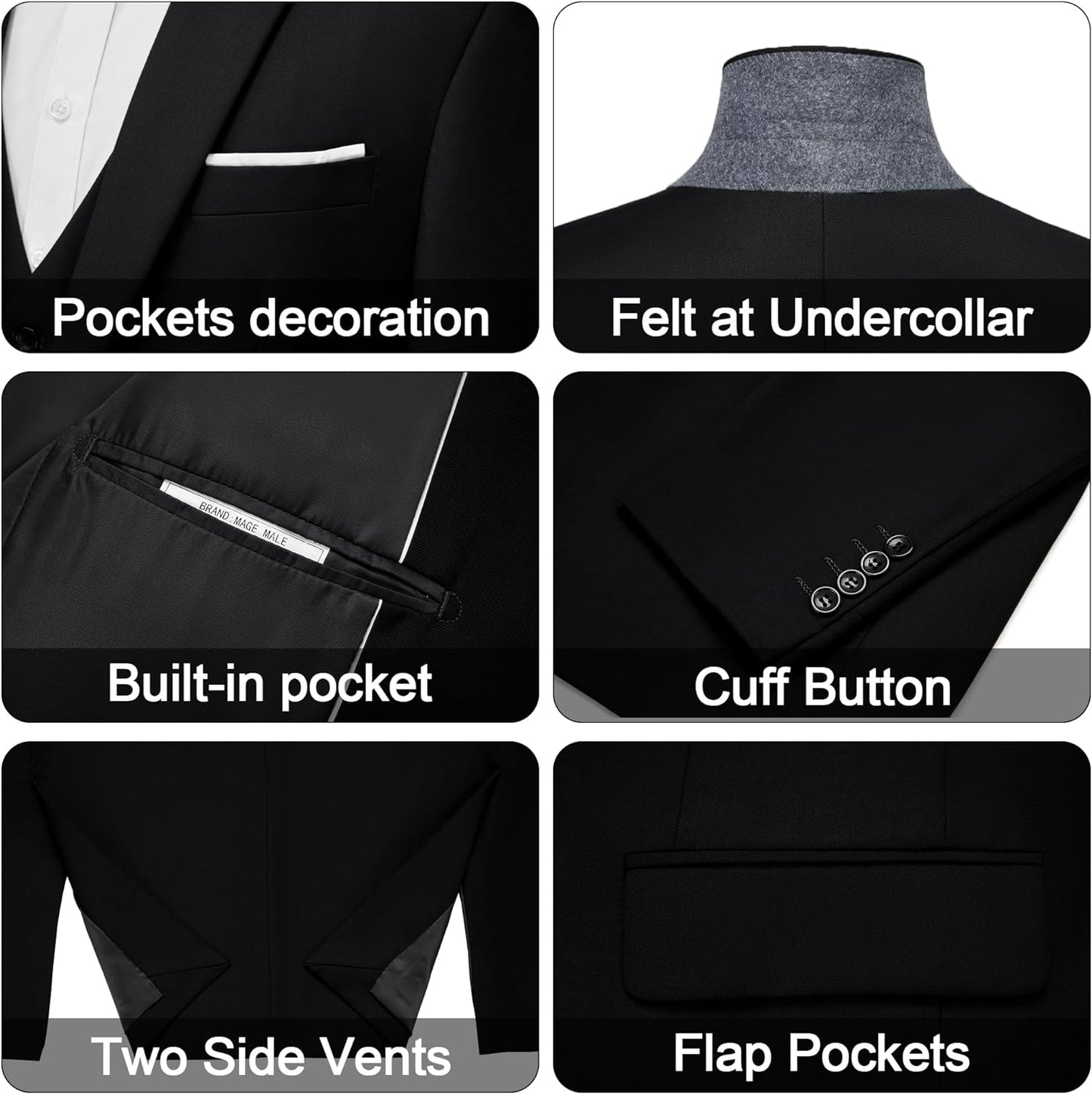 MAGE MALE Men's 3 Pieces Suit Elegant Solid One Button Slim Fit Single Breasted Party Blazer Vest Pants Set. Black