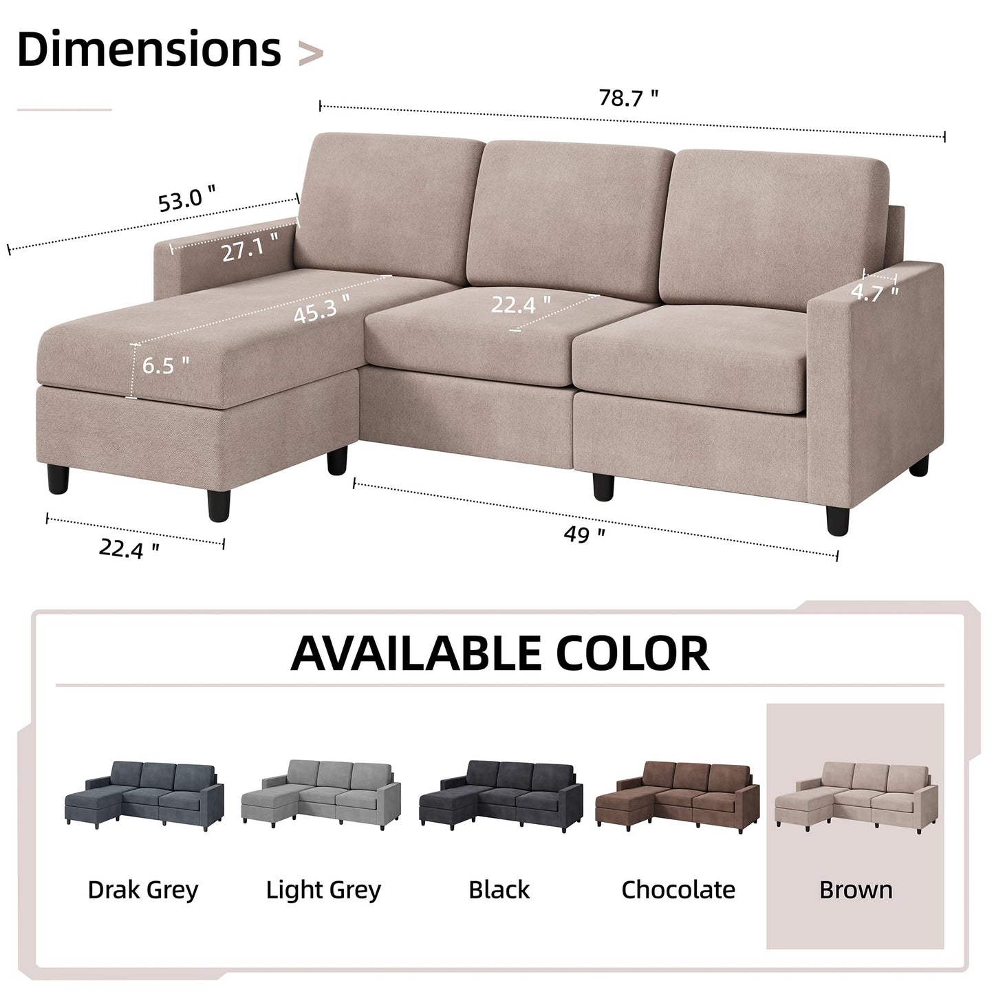 Shintenchi Convertible Sectional Sofa Couch, Modern Linen Fabric L-Shaped , 3-Seat Sofa Sectional with Reversible Chaise for Living Room, Apartment and Small Space (Dark Grey)