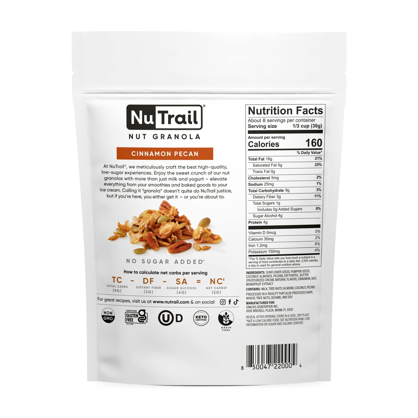 NuTrail Nut Granola Cereal, Cinnamon Pecan, No Sugar Added, Gluten Free, Grain Free, Keto, Low Carb, Healthy Breakfast 8 oz. 1 Count