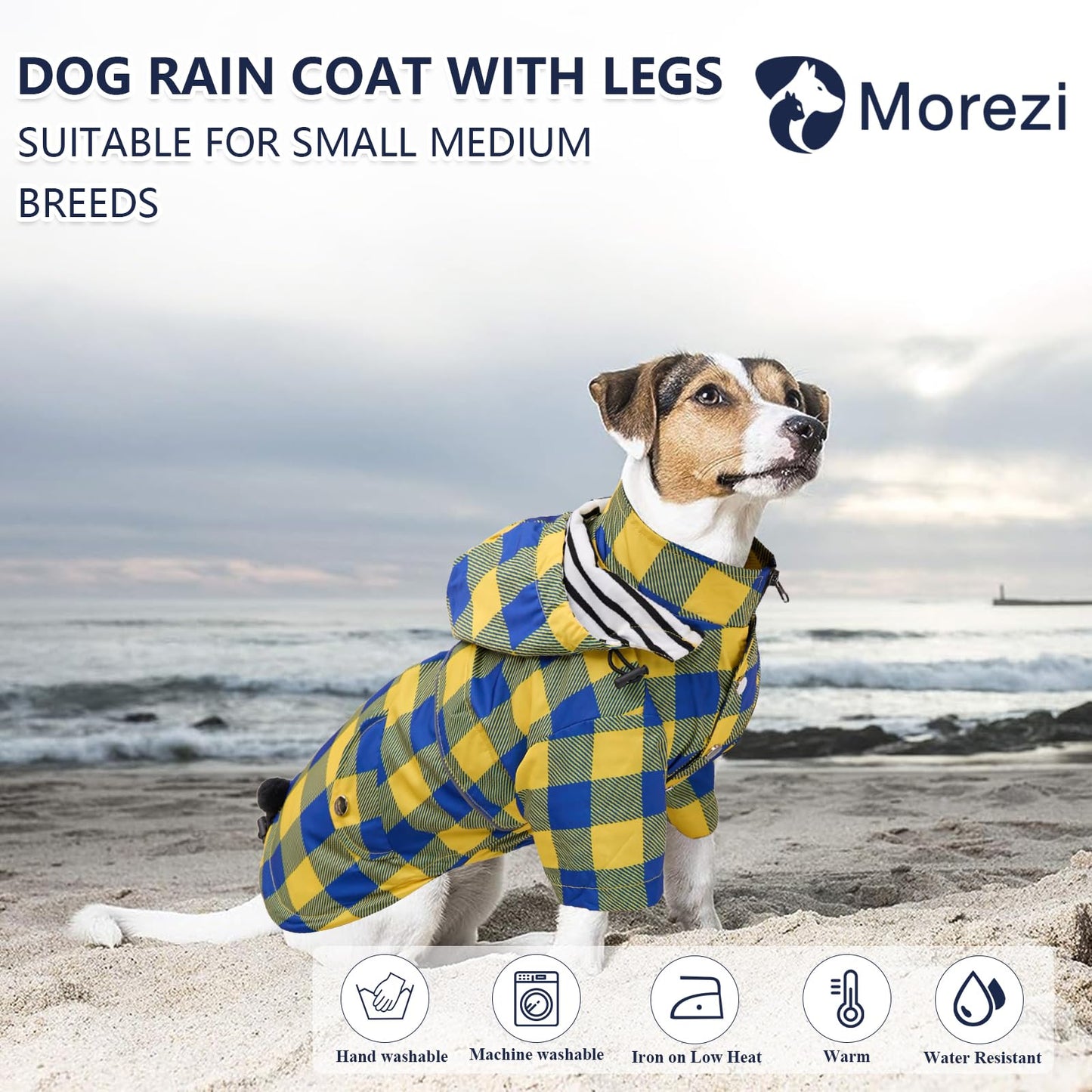 Dog Zip Up Dog Raincoat with Reflective Buttons, Rain/Water Resistant, Adjustable Drawstring, Removable Hood, Dog Raincoats with Legs 8lbs to 80lbs Available Yellow M