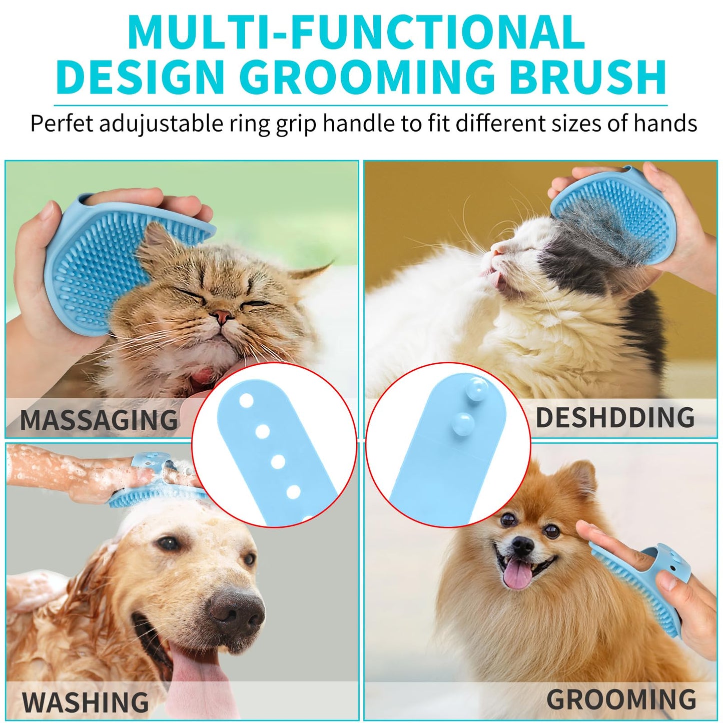 3PCS Dog Bath Brush | Dog Shampoo Brush | Dog Scrubber for Bath | Dog/Grooming/Washing Brush Scrubber with Adjustable Ring Handle for Short & Long Haired Dogs/Cats (Blue Blue White)