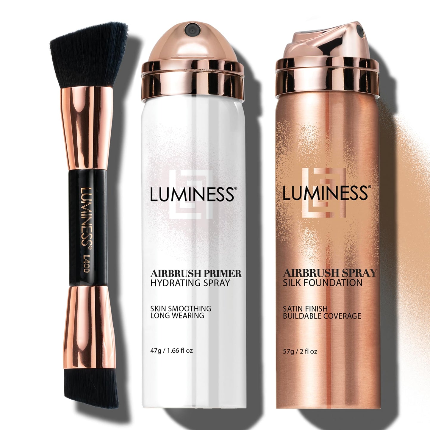 LUMINESS Airbrush Spray Silk Foundation Starter Kit - Medium Dark - Foundation, Primer & Dual-Sided Angled Buffing Brush - Medium, Buildable Coverage, Anti-Aging Formula Hydrates & Moisturizes