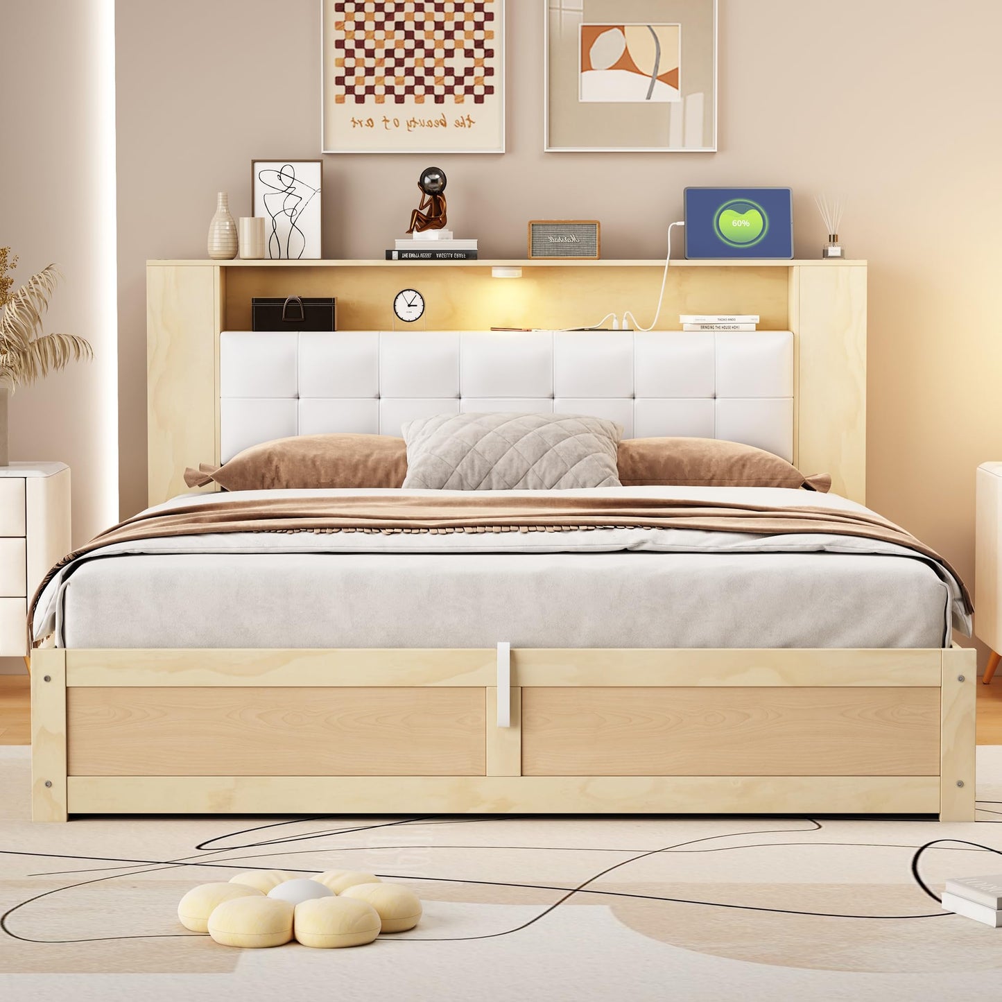 FurGenius 3-Pieces Bedroom Sets, Full Size Platform Bed with Storage Upholstered Headboard and Two Nightstands, Solid Wood Bedframe w/USB Charging Station & LED Light for Adult Teens, Walnut+Beige