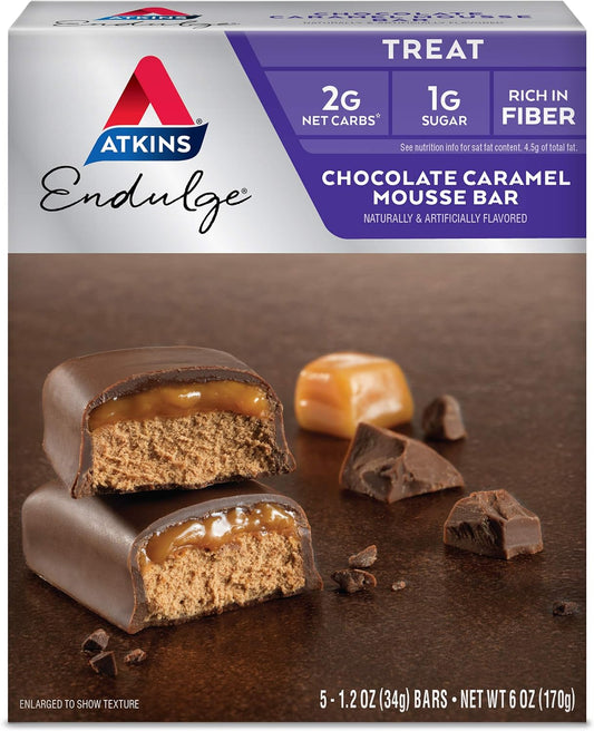 Atkins Endulge Chocolate Caramel Mousse Bar, Dessert Favorite, 1g Sugar, High in Fiber, 5 Count