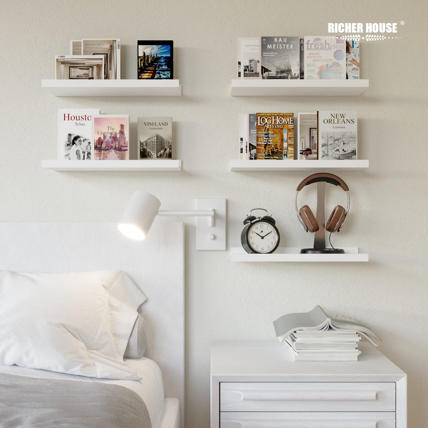 RICHER HOUSE 5 Set White Floating Shelves, Wall Mounted Shelves for Wall Decor, Modern Picture Ledge Shelf with Lip for Wall Storage Nursery, Bedroom, Living Room, Bathroom - White