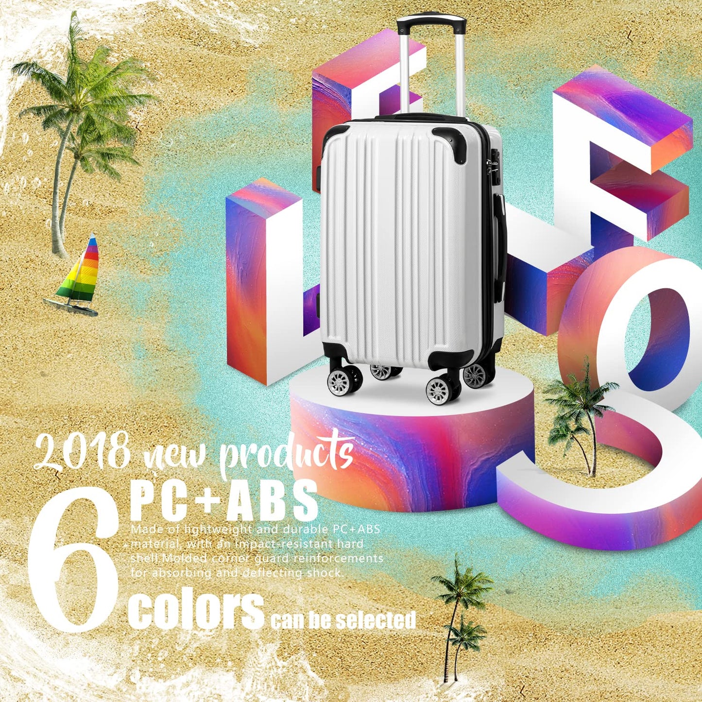 Coolife Luggage Expandable(only 28") Suitcase PC+ABS Spinner 20in 24in 28in Carry on (white grid new, S(20in)_carry on)