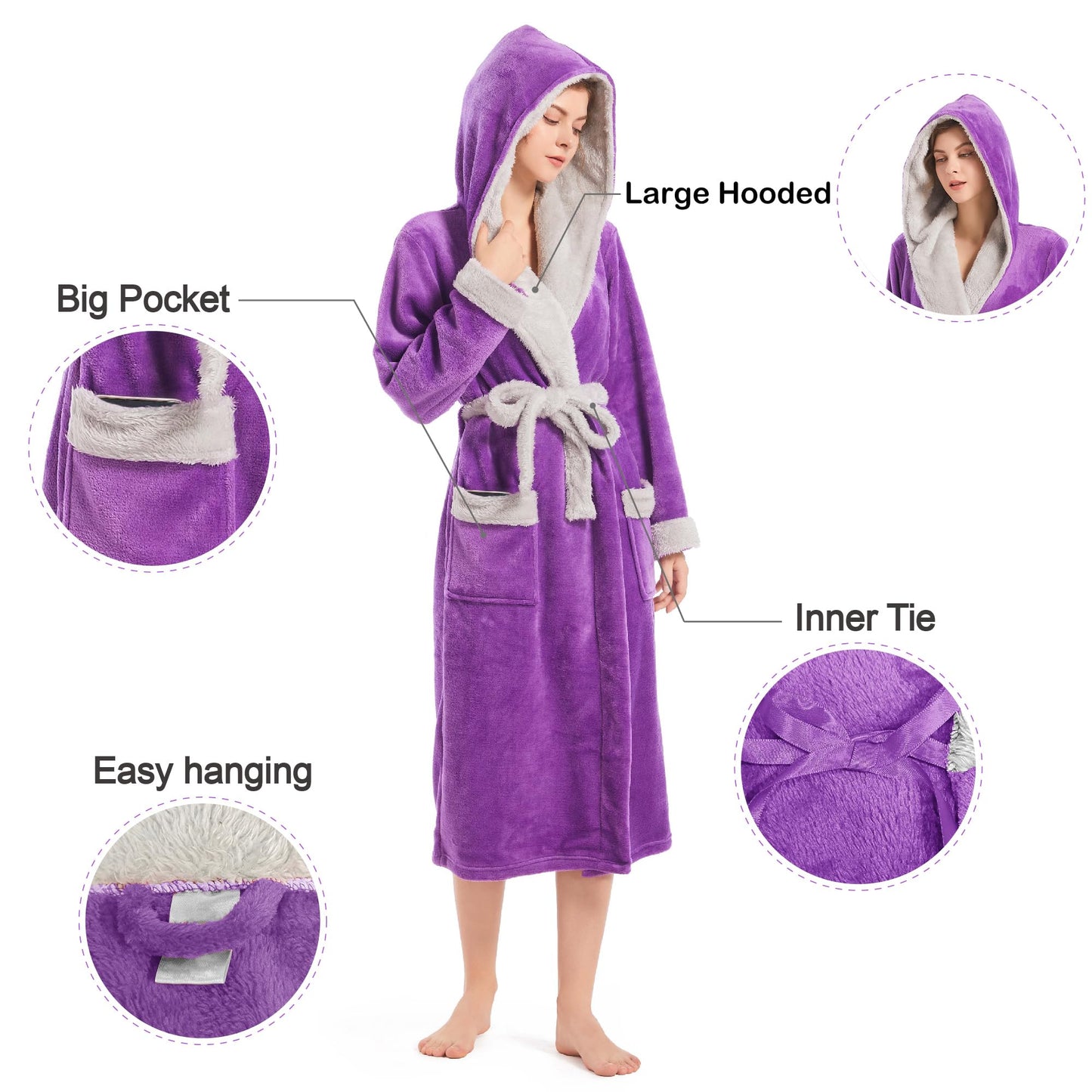 Inner Wish Women Hooded Plush Robe, Fleece Cozy Warm Bathrobe