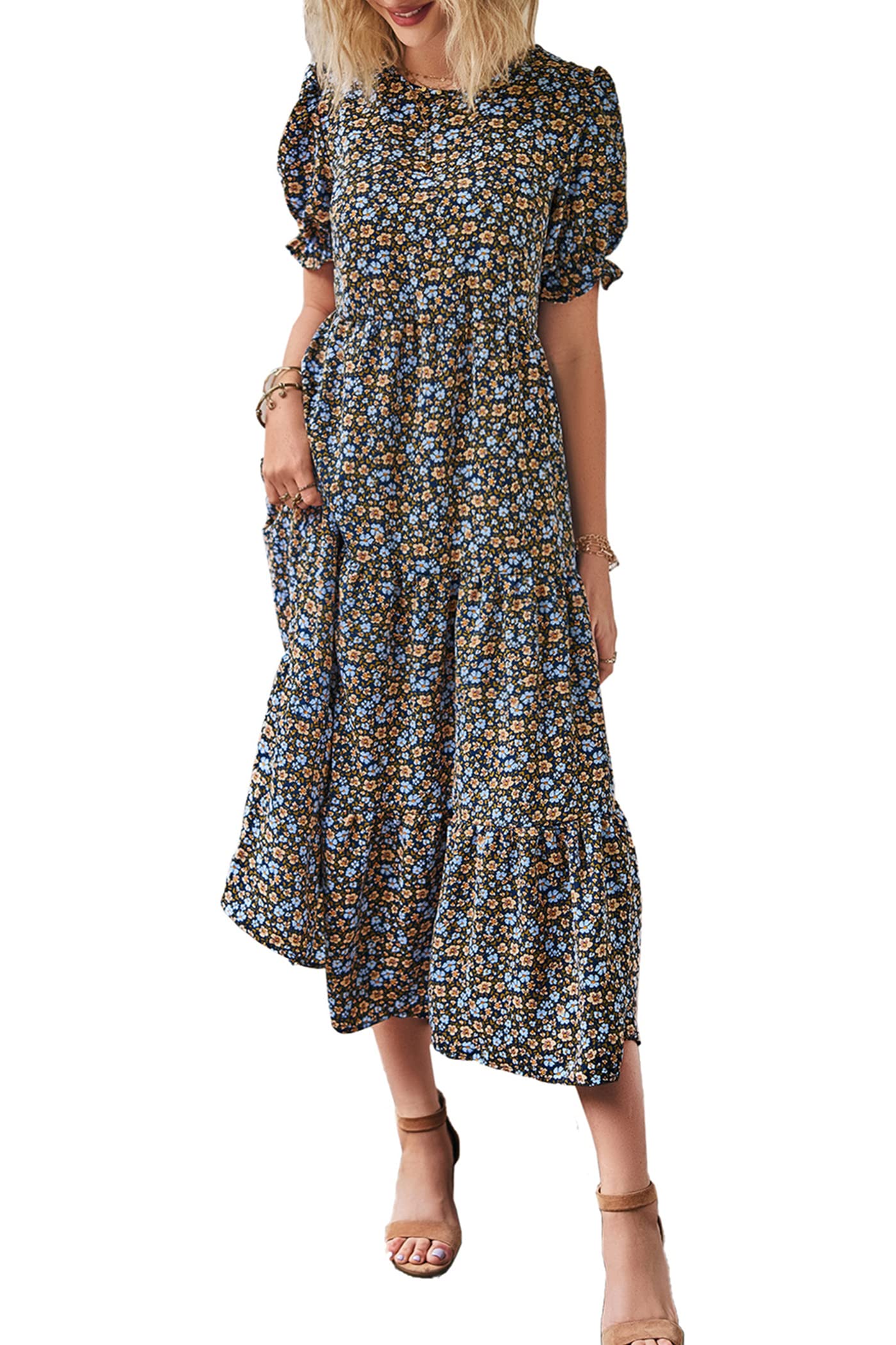 Pretty Garden Womens Summer Casual Boho Dress Floral Print Ruffle Puff Sleeve High Waist Midi