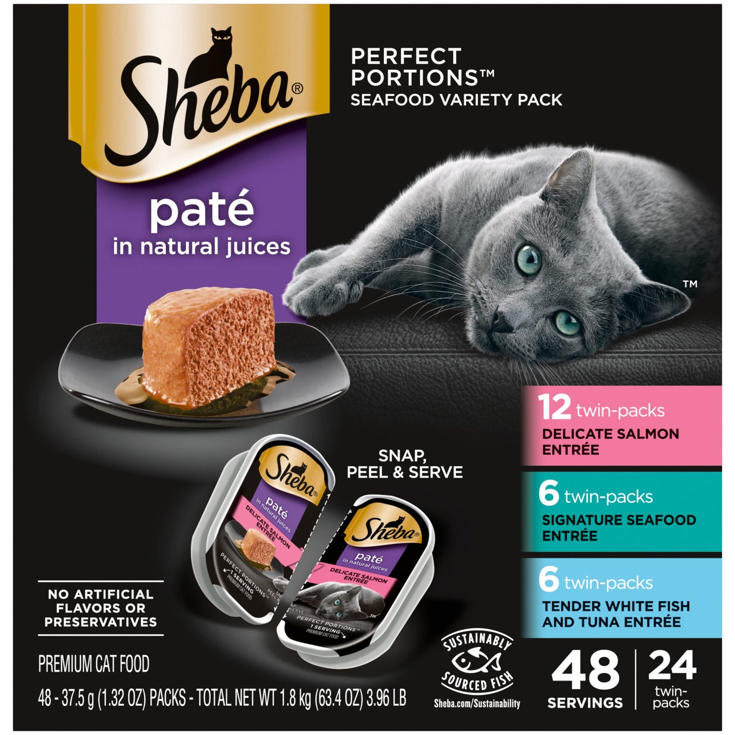 SHEBA Perfect Portions Cuts in Gravy Wet Cat Food Trays (24 Count, 48 Servings), Roasted Chicken, Gourmet Salmon and Tender Turkey Entrée Variety Pack, Easy Peel Twin-Pack Trays