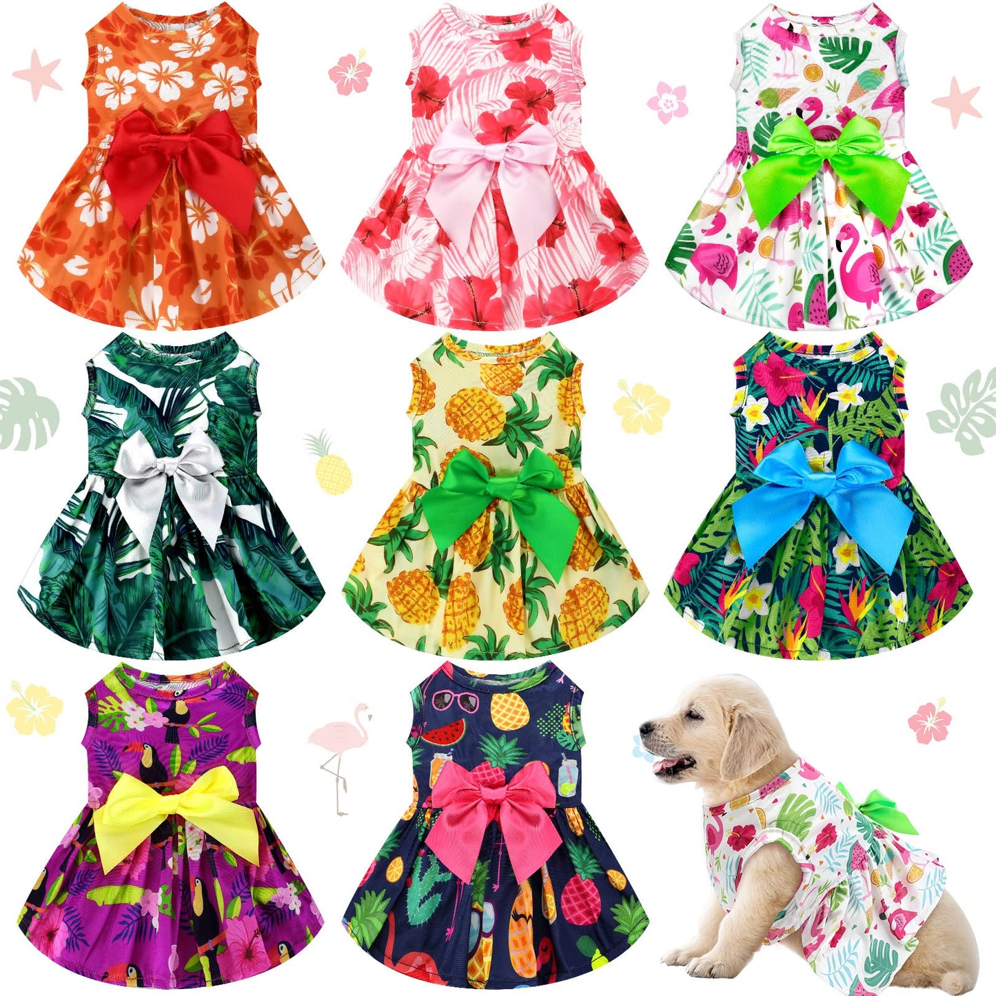 LEIFIDE 8 Pcs Summer Themed Hawaii Dog Dresses Holiday Dog Dress Flamingo Fruit Floral Pattern Pet Skirts Hawaii Puppy Princess Dresses Outfits Bowknot Puppy Dresses for Girl Dogs Cats Beach (Small)