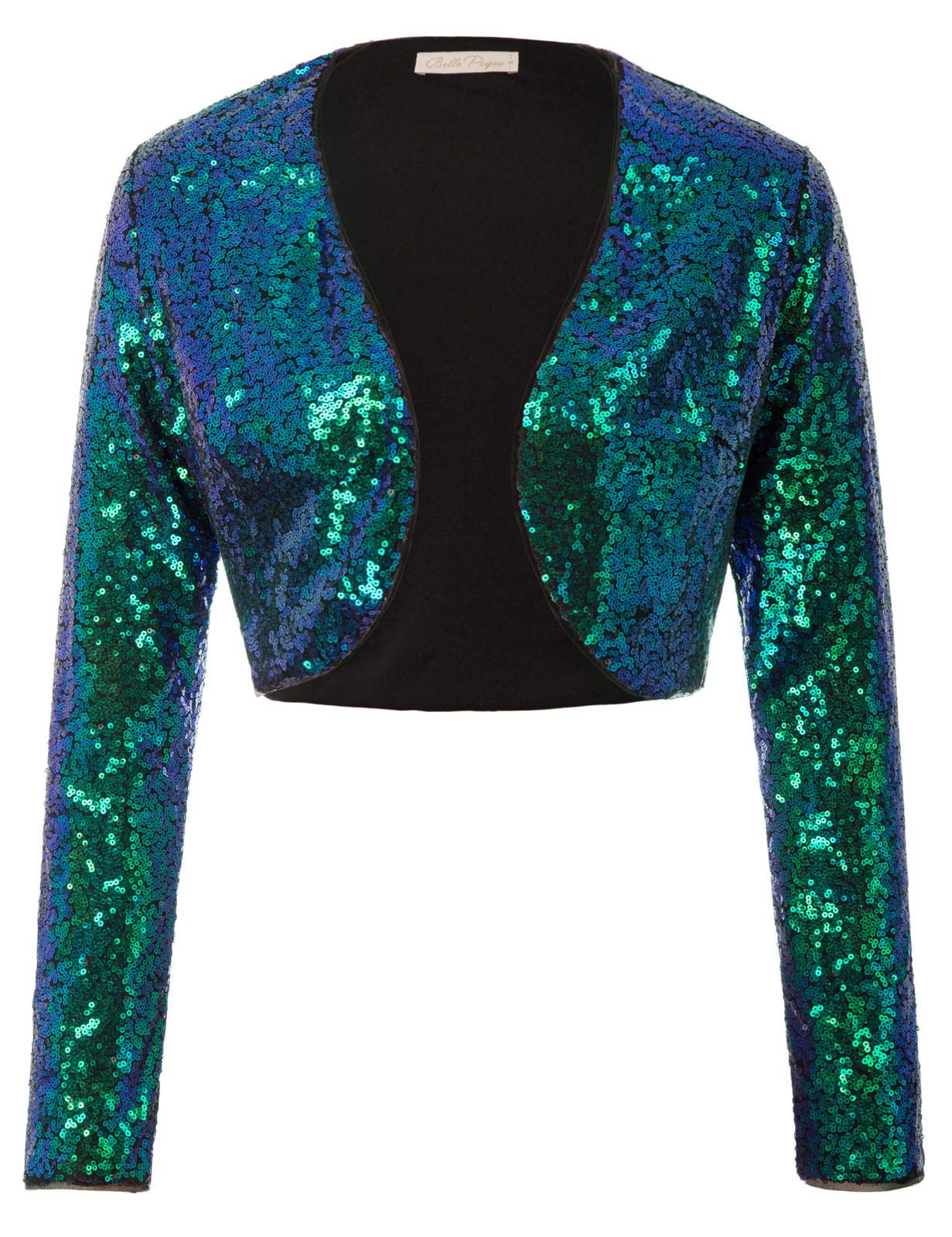 Belle Poque Women's Sequin Jacket Long Sleeve Open Front Glitter Cropped Blazer Bolero Shrug S-XXL