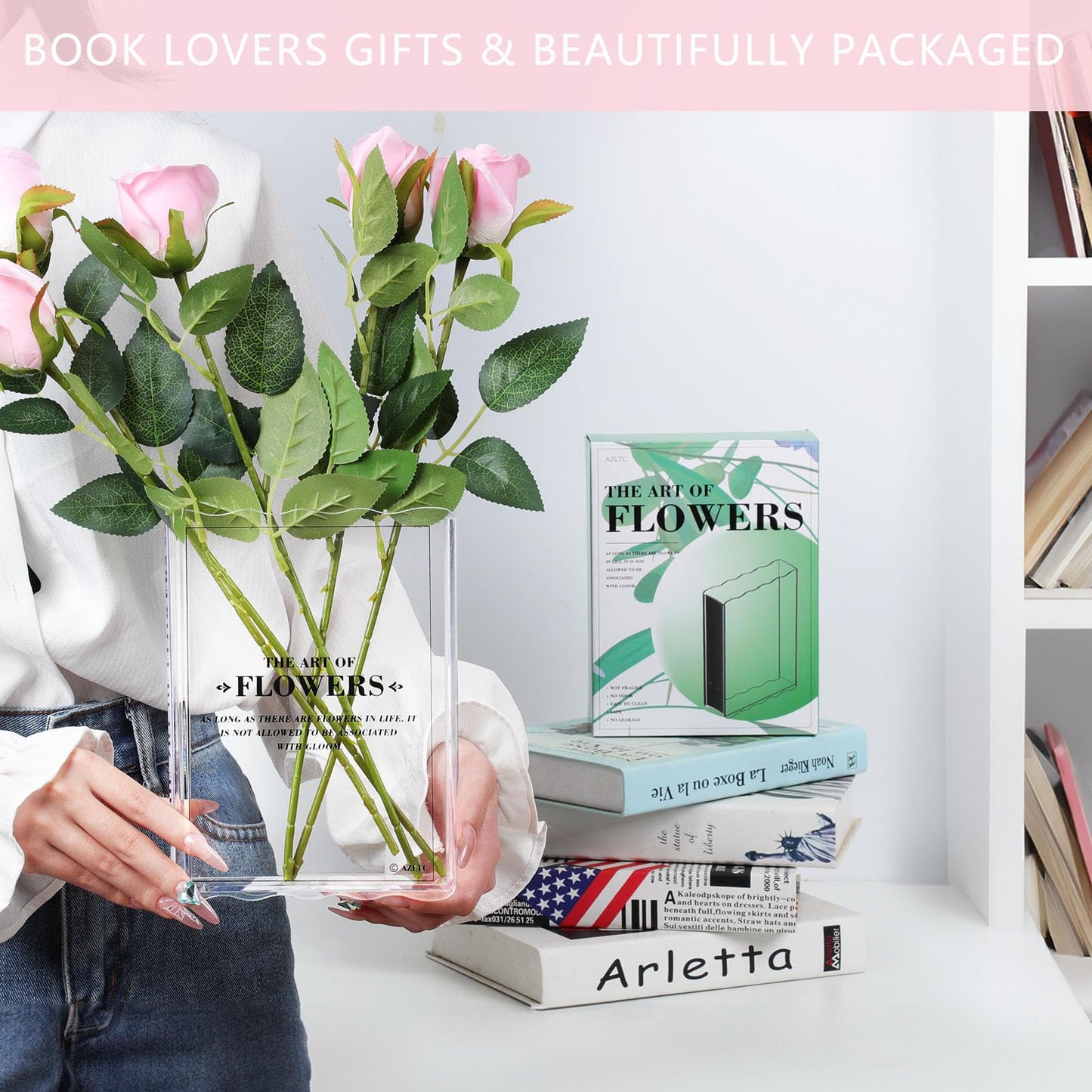 Book Vase for Flowers, Book Lovers Gifts, Aesthetic Room Decor Cute Flower Vase & Must-Have for Home, Bookshelf, Bedroom & Office Decor for Women & Teacher Gift - Like Mothers Day (Clear)