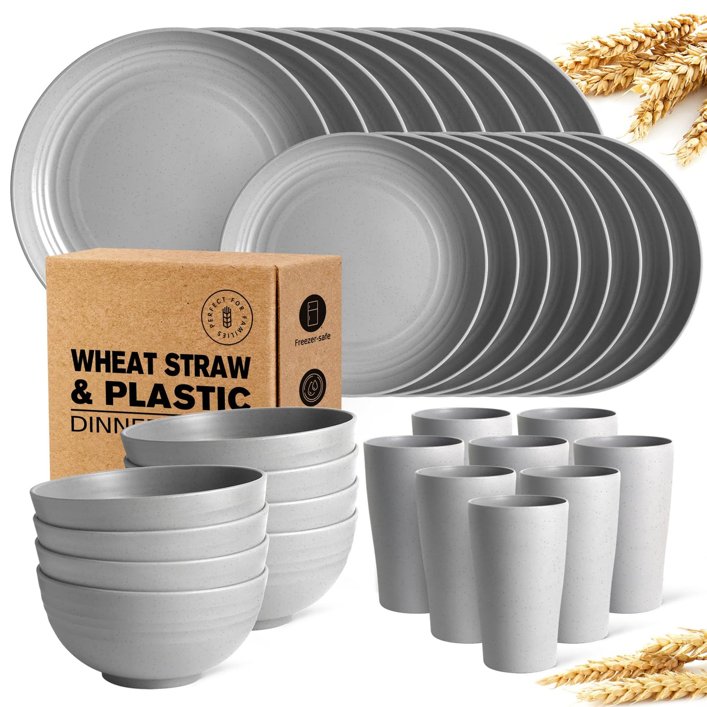 Teivio 32-Piece Kitchen Plastic Wheat Straw Dinnerware Set, Service for 8, Dinner Plates, Dessert Plate, Cereal Bowls, Cups, Unbreakable Colorful Plastic Outdoor Camping Dishes, Black