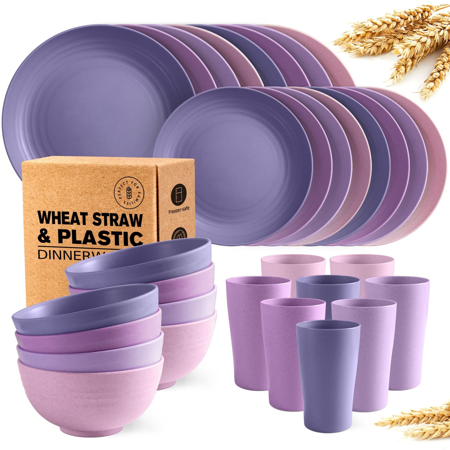 Teivio 32-Piece Kitchen Plastic Wheat Straw Dinnerware Set, Service for 8, Dinner Plates, Dessert Plate, Cereal Bowls, Cups, Unbreakable Colorful Plastic Outdoor Camping Dishes, Black