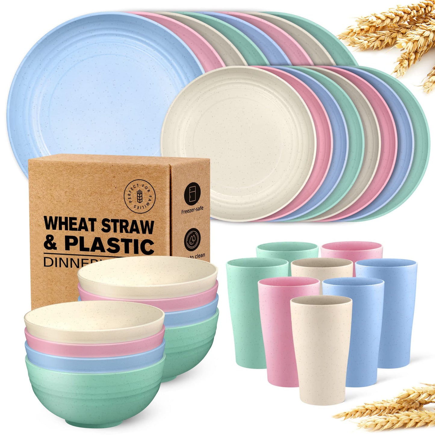 Teivio 32-Piece Kitchen Plastic Wheat Straw Dinnerware Set, Service for 8, Dinner Plates, Dessert Plate, Cereal Bowls, Cups, Unbreakable Colorful Plastic Outdoor Camping Dishes, Black