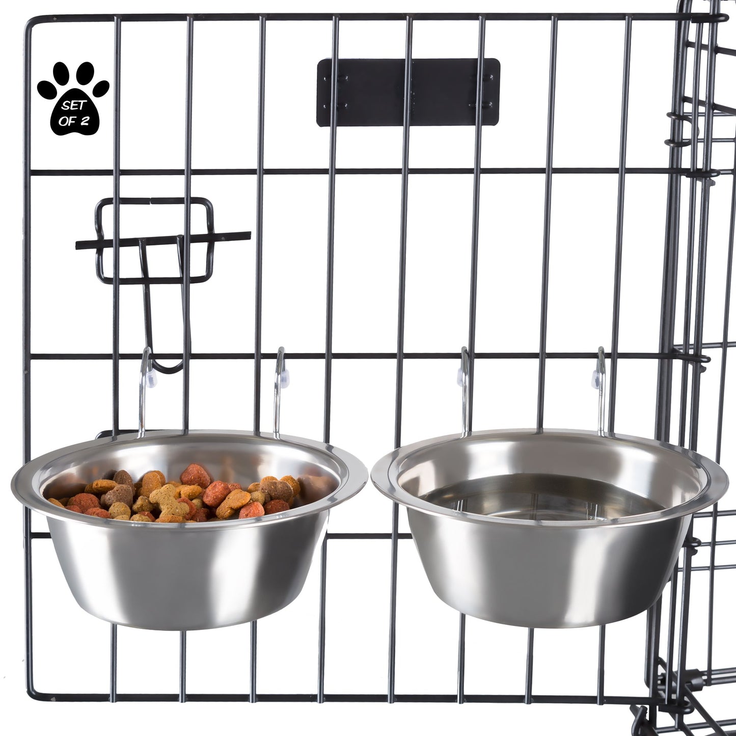 Set of 2 Stainless-Steel Dog Bowls - Cage, Kennel, and Crate Hanging Pet Bowls for Food and Water - 8oz Each and Dishwasher Safe by PETMAKER, Silver