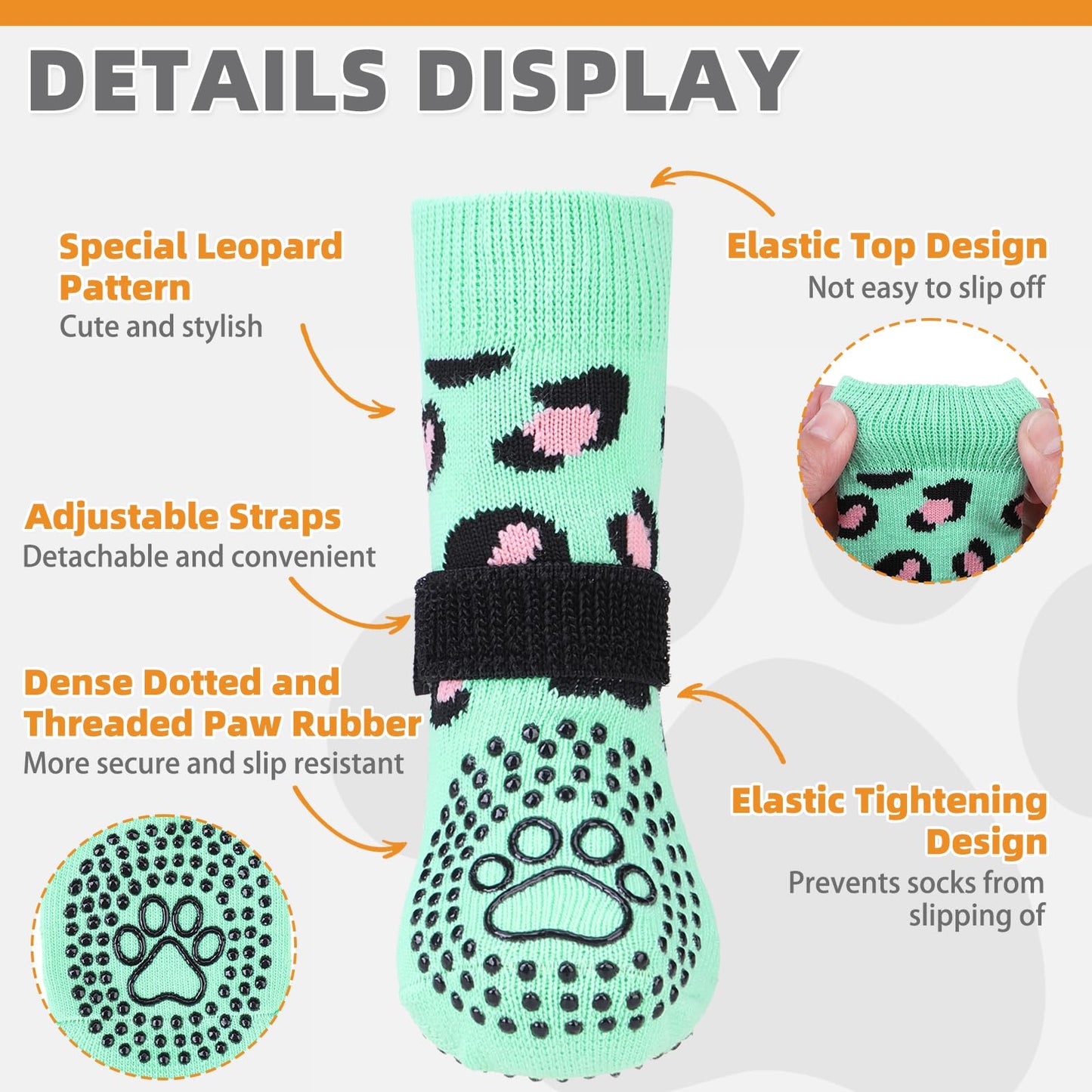 KOOLTAIL Non-Slip Dog Socks-Double Sides Grip for Hardwood Floor,3 Pairs Leopard Print Dog Boots,Traction Control Injury Prevent Licking Paw Protector Dog Shoes for Small Medium Large Old Senior Dogs