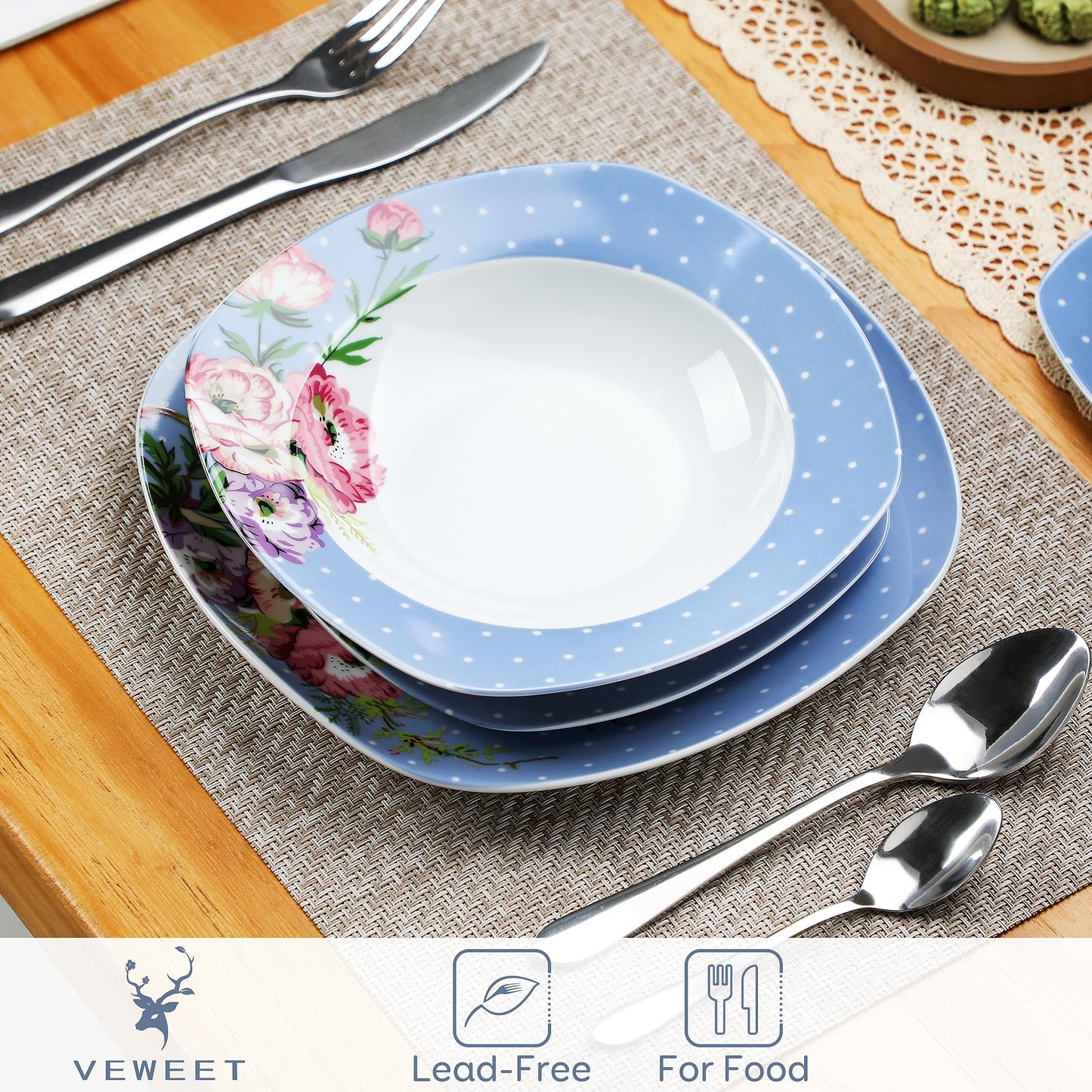 VEWEET, Series Annie, Porcelain Dinnerware Sets for 6, White Dish Set with Pink Floral, 30 PCS Dinner Sets Including Dinner Plates, Dessert Plates, Soup Plates Set, Cups & Saucers