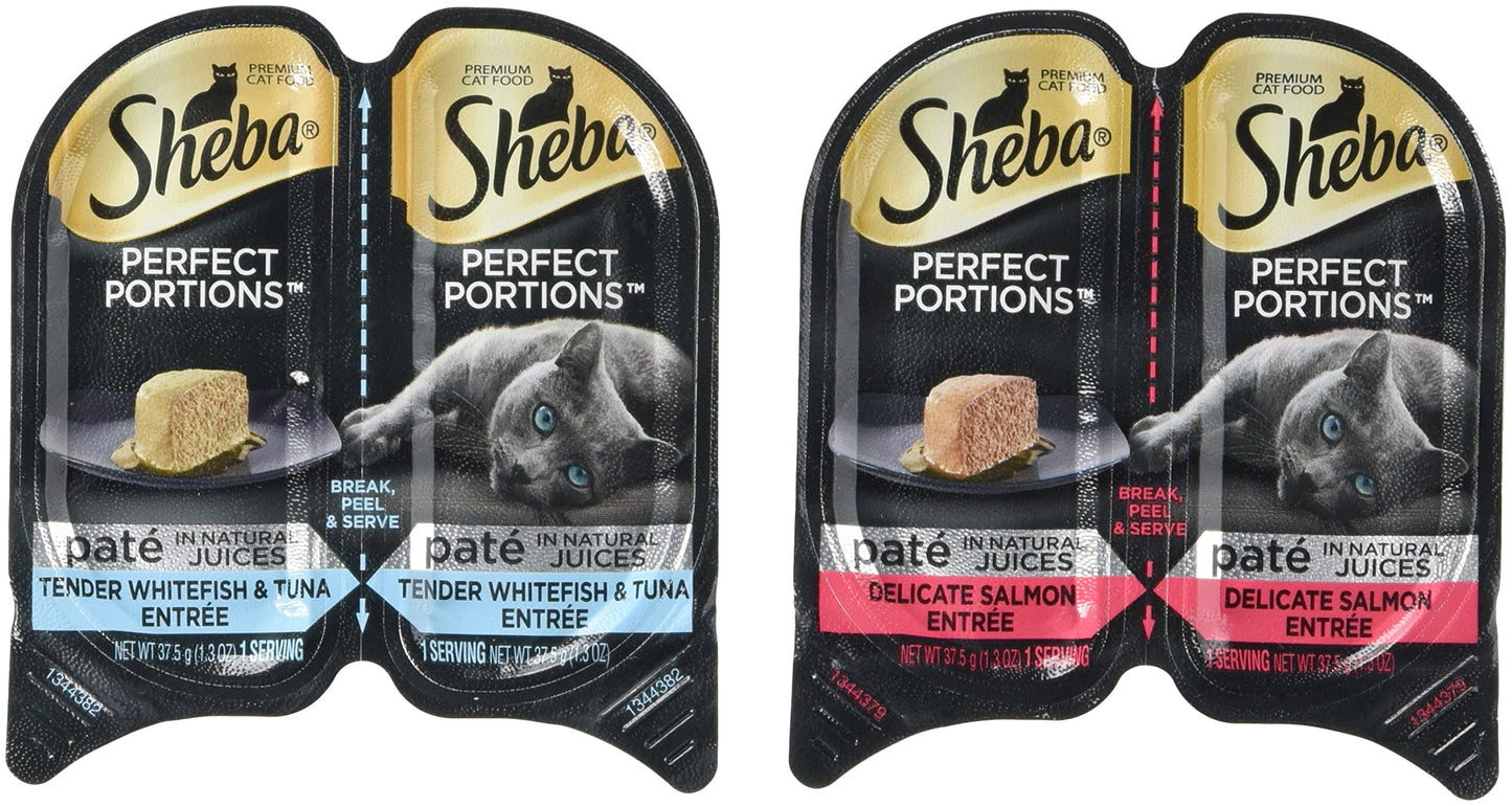 SHEBA Perfect Portions Cuts in Gravy Wet Cat Food Trays (24 Count, 48 Servings), Roasted Chicken, Gourmet Salmon and Tender Turkey Entrée Variety Pack, Easy Peel Twin-Pack Trays