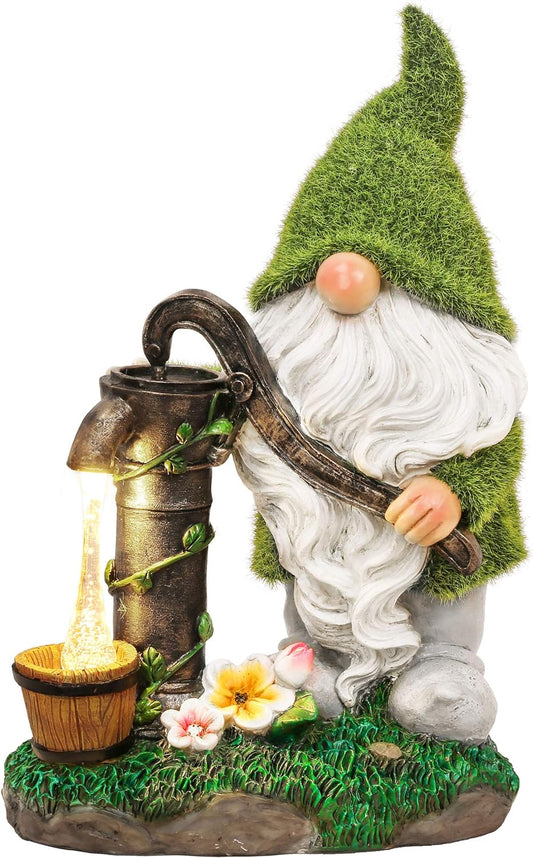 TERESA'S COLLECTIONS Garden Gnomes Decorations for Yard with Solar Outdoor Lights, Flocked Garden Sculptures & Statues for Porch Patio Decor, Gifts for Mom, Garden Decor for Outside,Mothers Day 9.8"