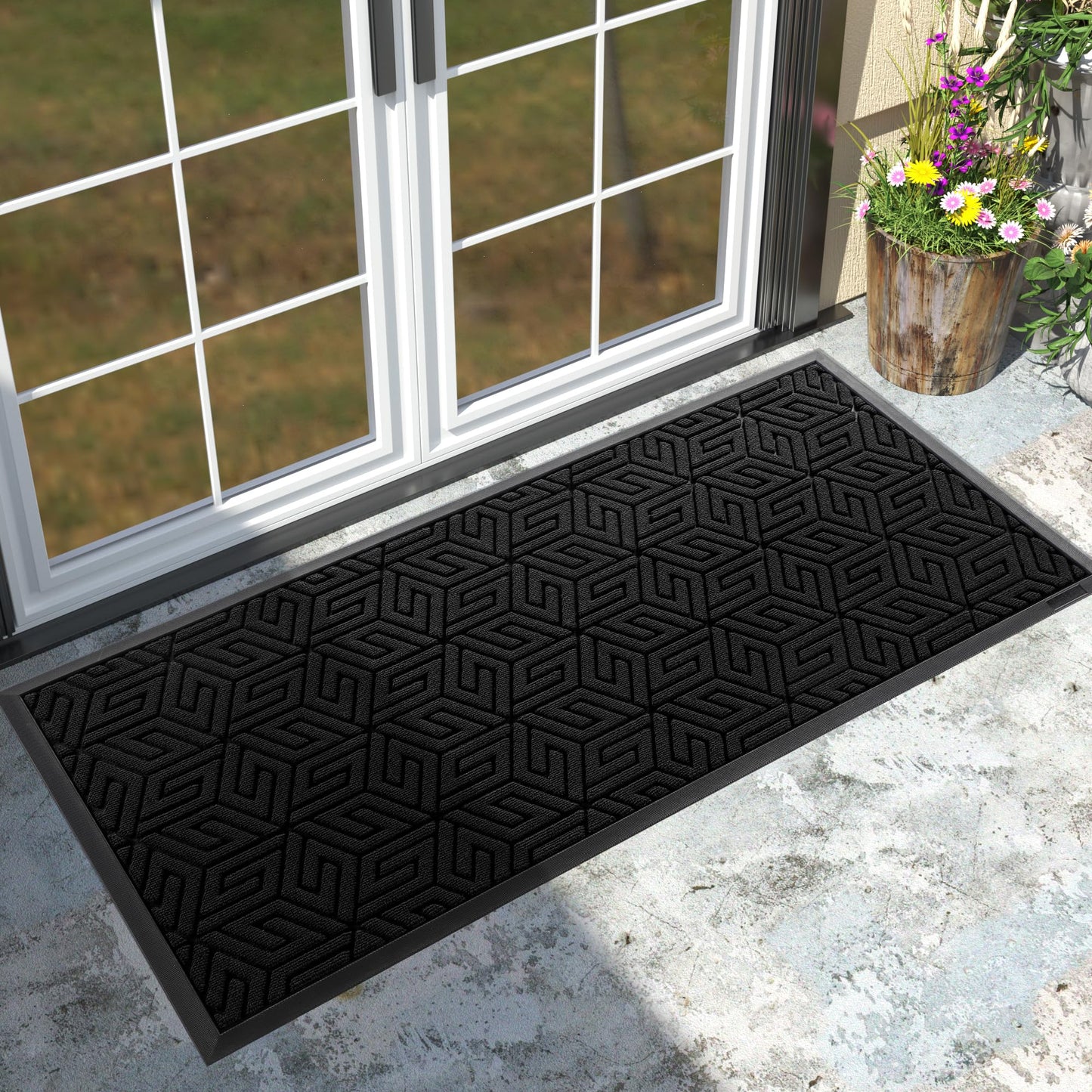 Yimobra Sturdy Front Entrance Door Mat, Heavy Duty Outdoor Indoor Doormat Entryway Floor Mat, Non Slip Rubber Backing, Easy Clean Shoe Scraper, Waterproof, Patio, Lawn, 17x29.5 Inch, Black