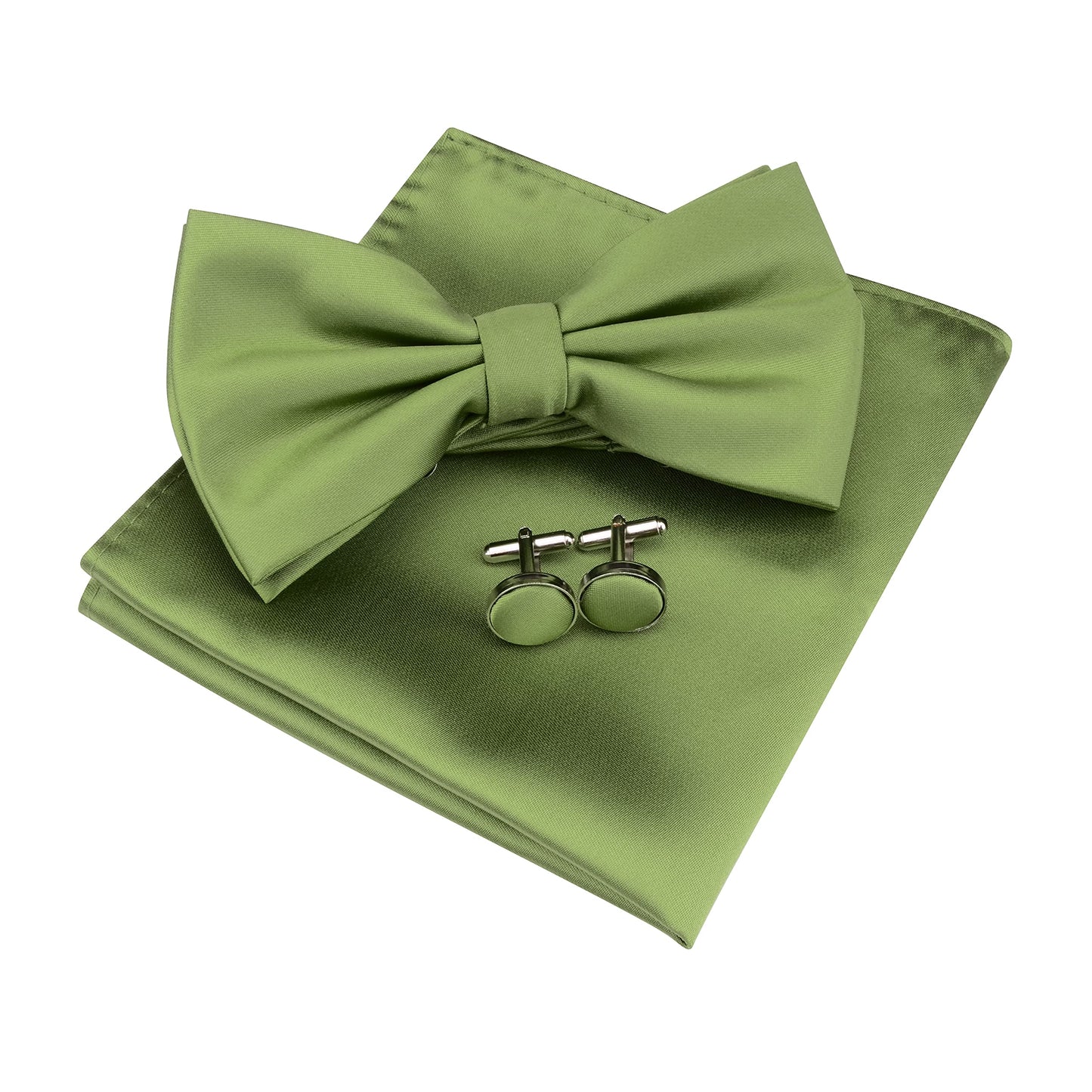 GUSLESON Mens Solid Color Double Fold Pre-tied Bow Tie and Pocket Square Cufflink Set with Gift Box